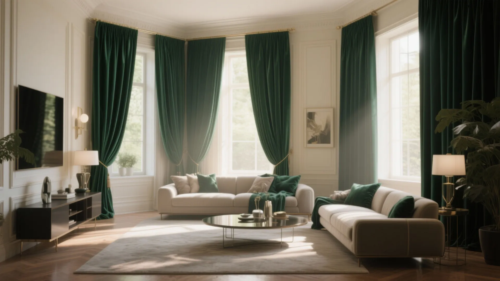 Deep emerald curtains in cream-toned living room