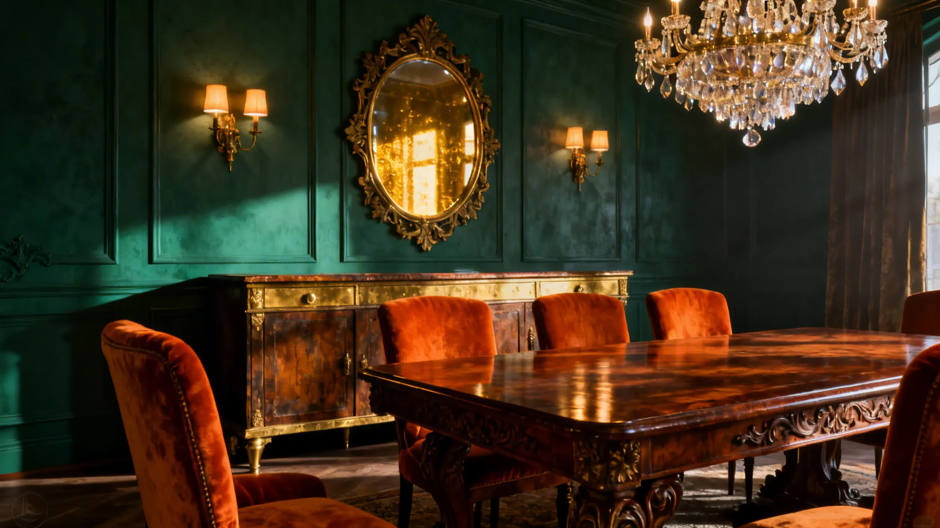 Elegant dining room with green wall panels large ceiling light gold mirror cabinet orange chairs