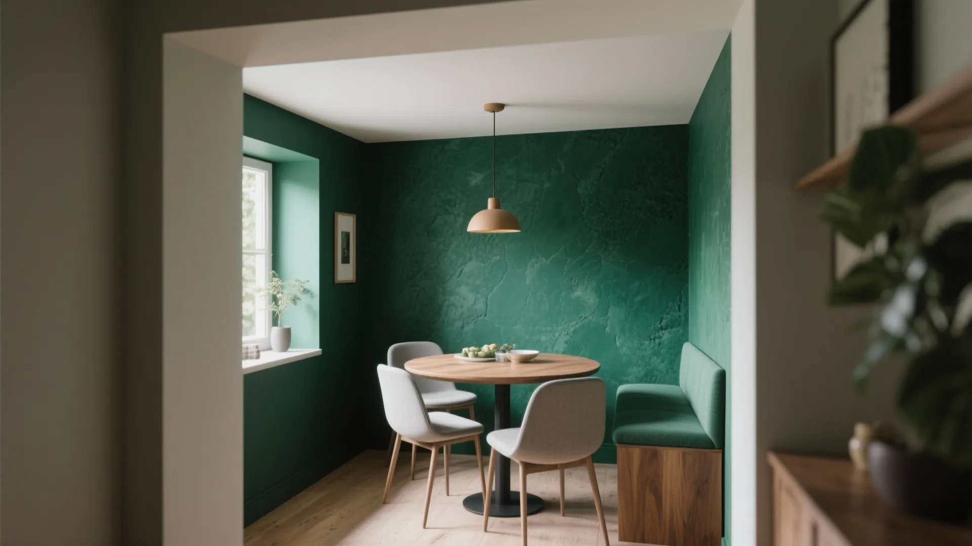 Small dining nook with green walls a round wooden table grey chairs and a bench