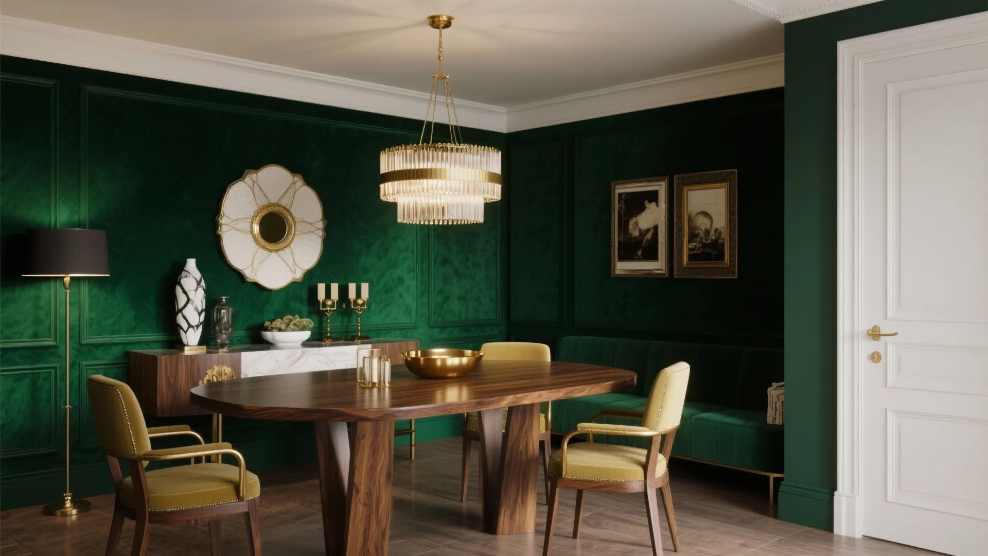 Dining nook with deep emerald wall and warm lighting
