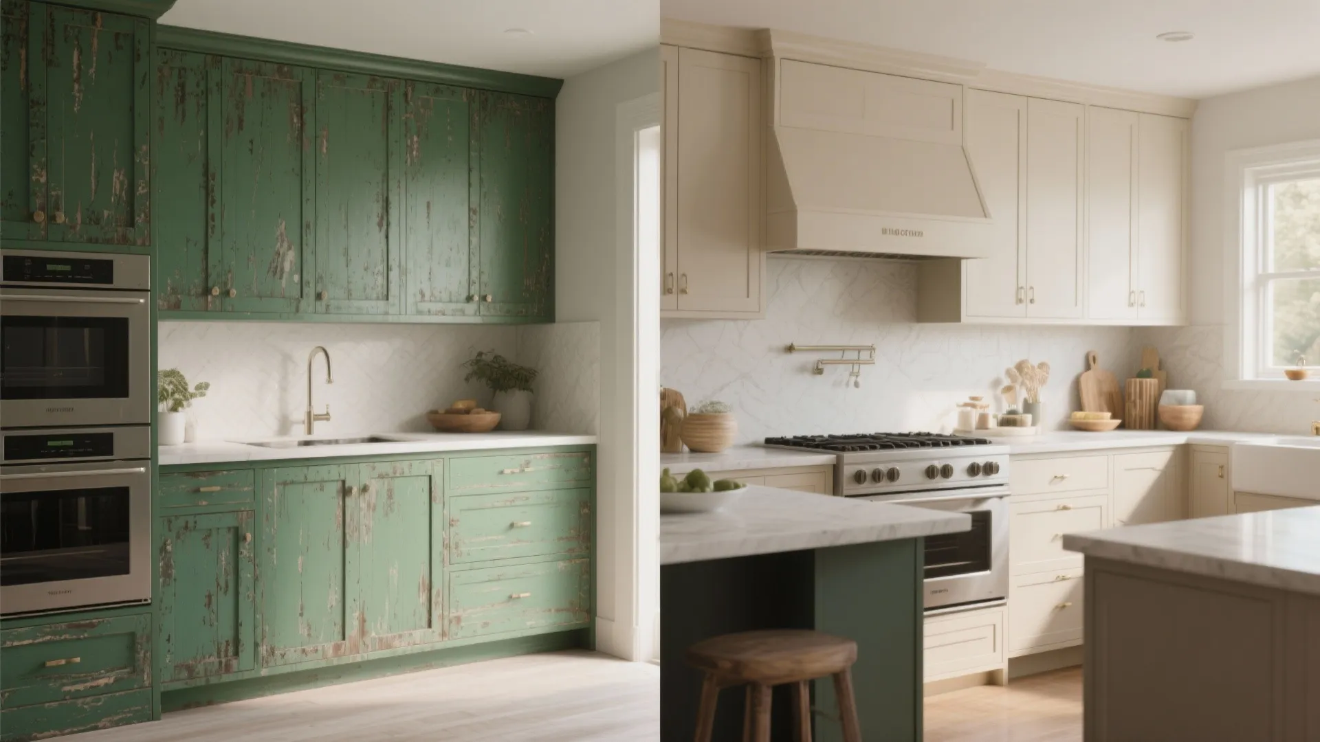 2. Distressed Emerald Base with Light Upper Cabinets
