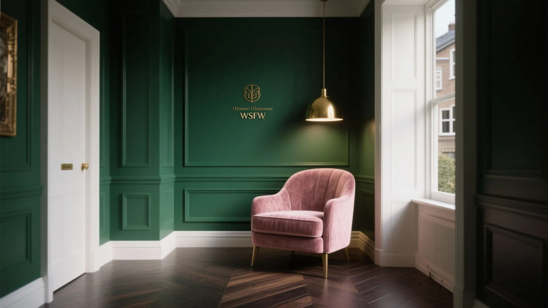 Emerald accent wall with a dusty pink velvet armchair and brass lighting in a warm living nook.