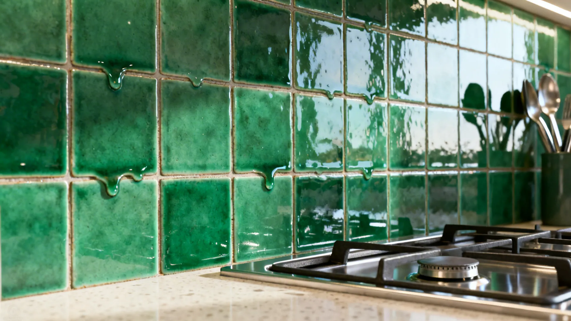 Emerald zellige-style backsplash with epoxy grout above a pale quartz counter.
