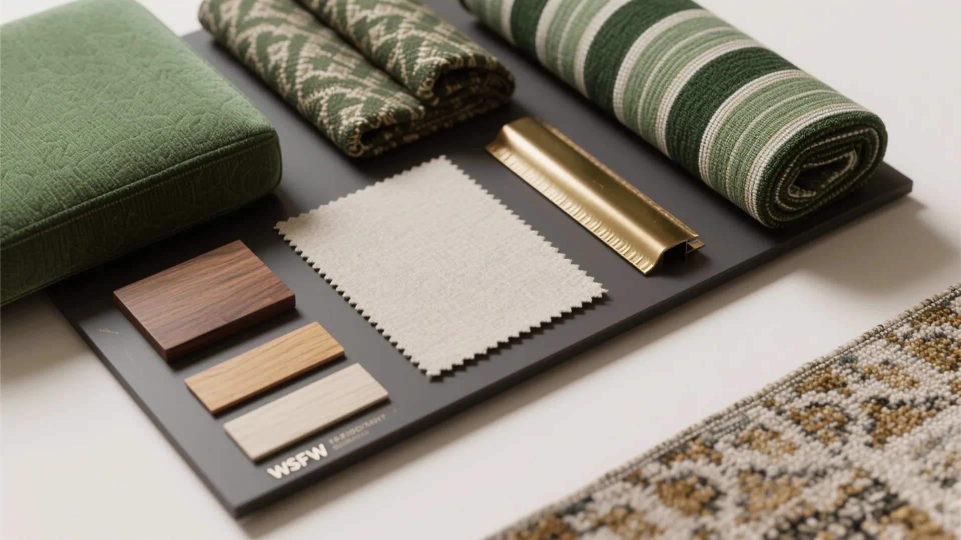 Flatlay of emerald-patterned upholstery swatches, wood finish chips and brass samples.