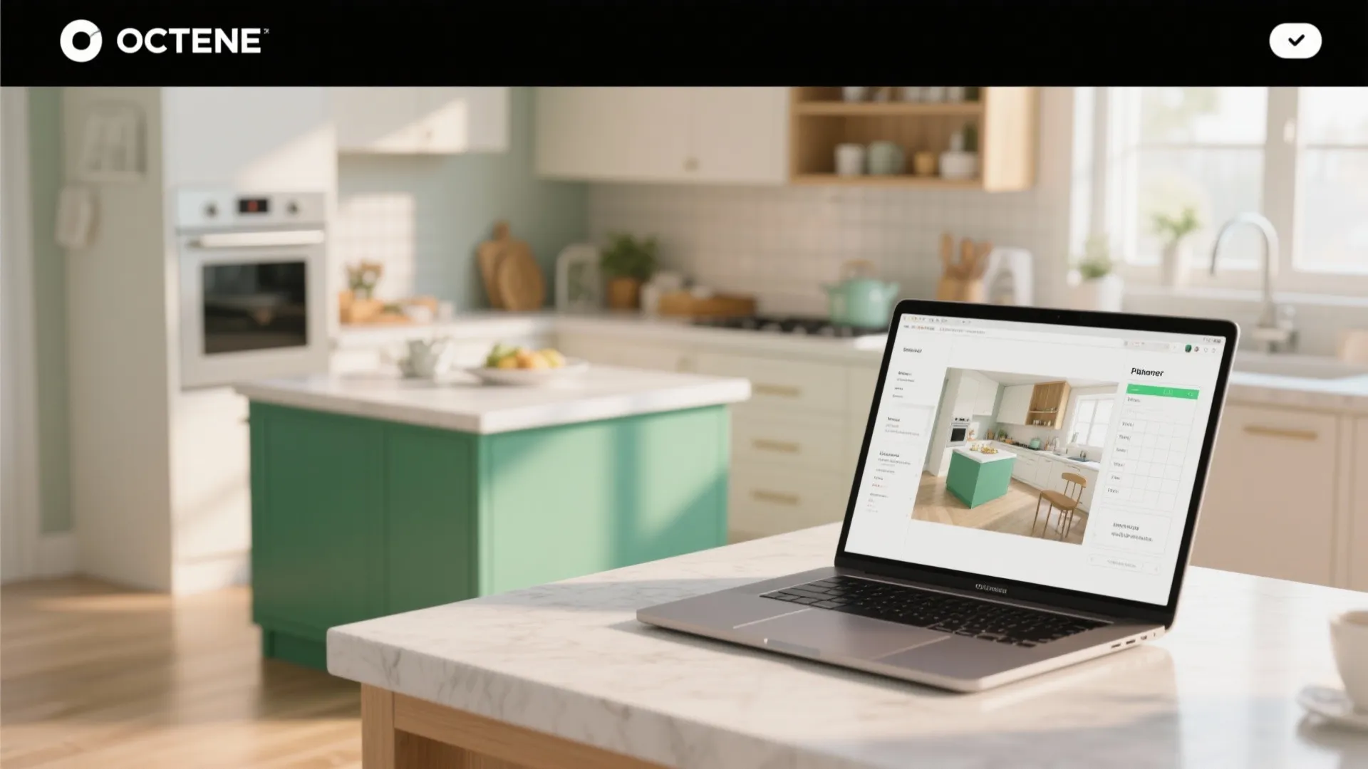 Laptop on a marble table showing an interior design drawing of a modern green kitchen