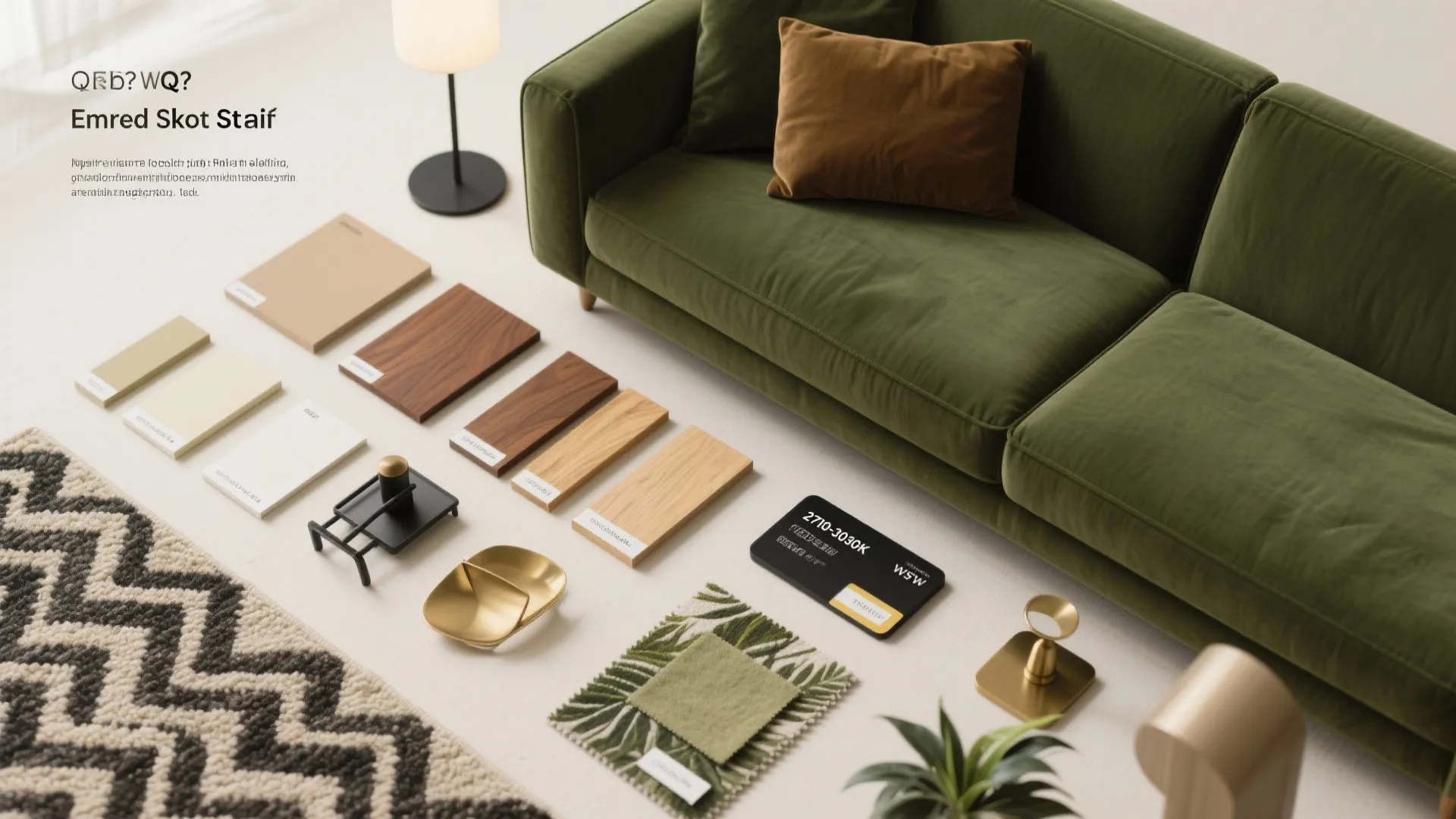 Green sofa next to interior design material samples including wood boards and colored fabric swatches