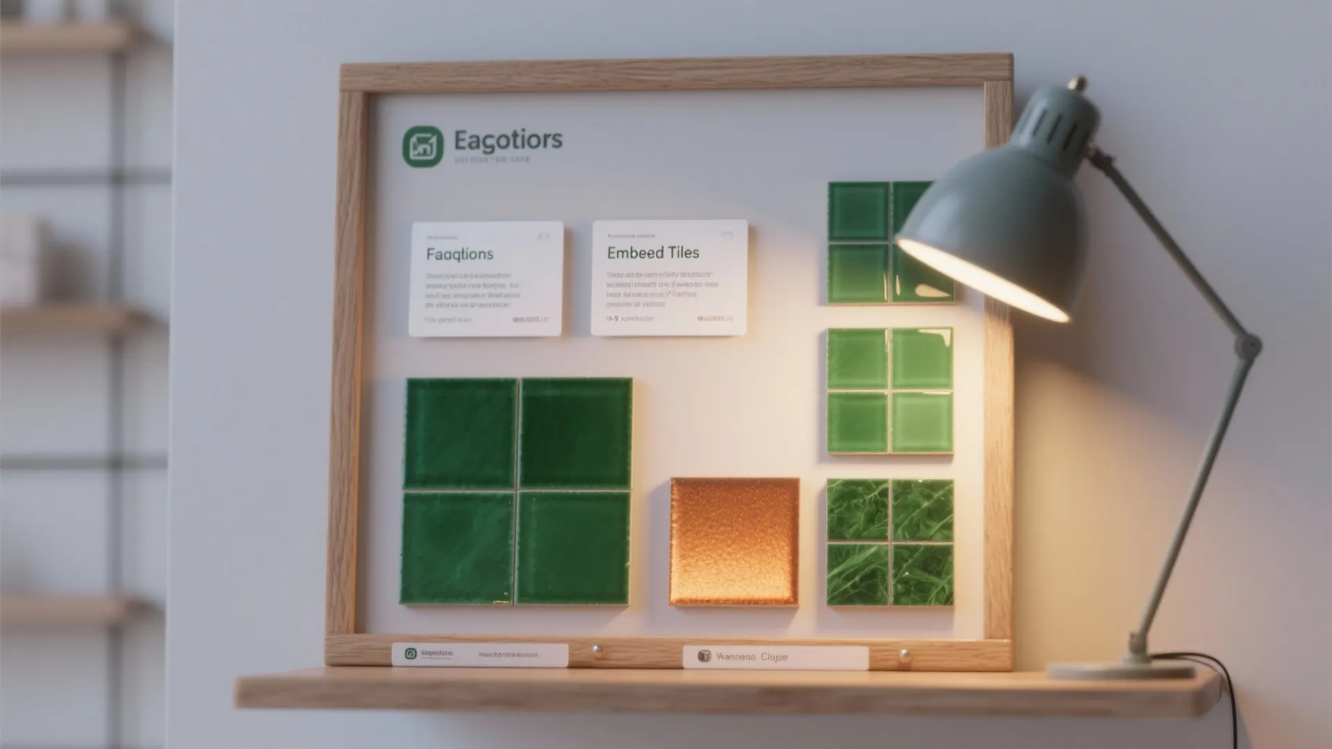 Design FAQ board and tile samples showing emerald color under different lighting.