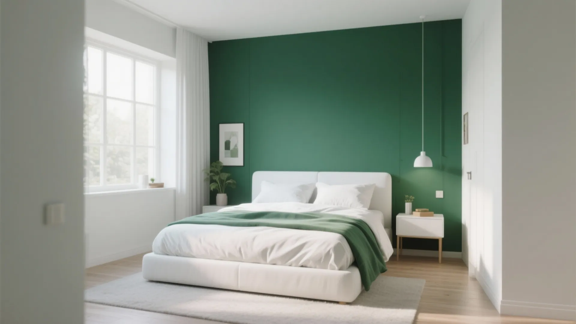 Small bedroom with emerald green accent wall behind bed