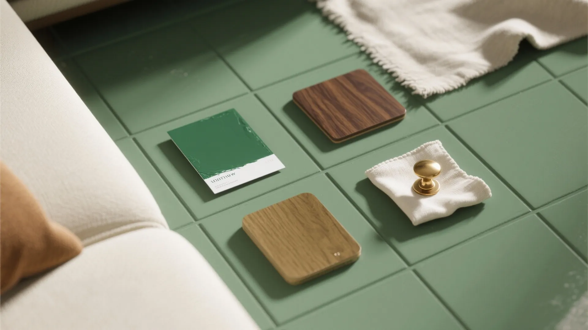 Green tiled floor with wood samples green paint card gold door knob on white cloth