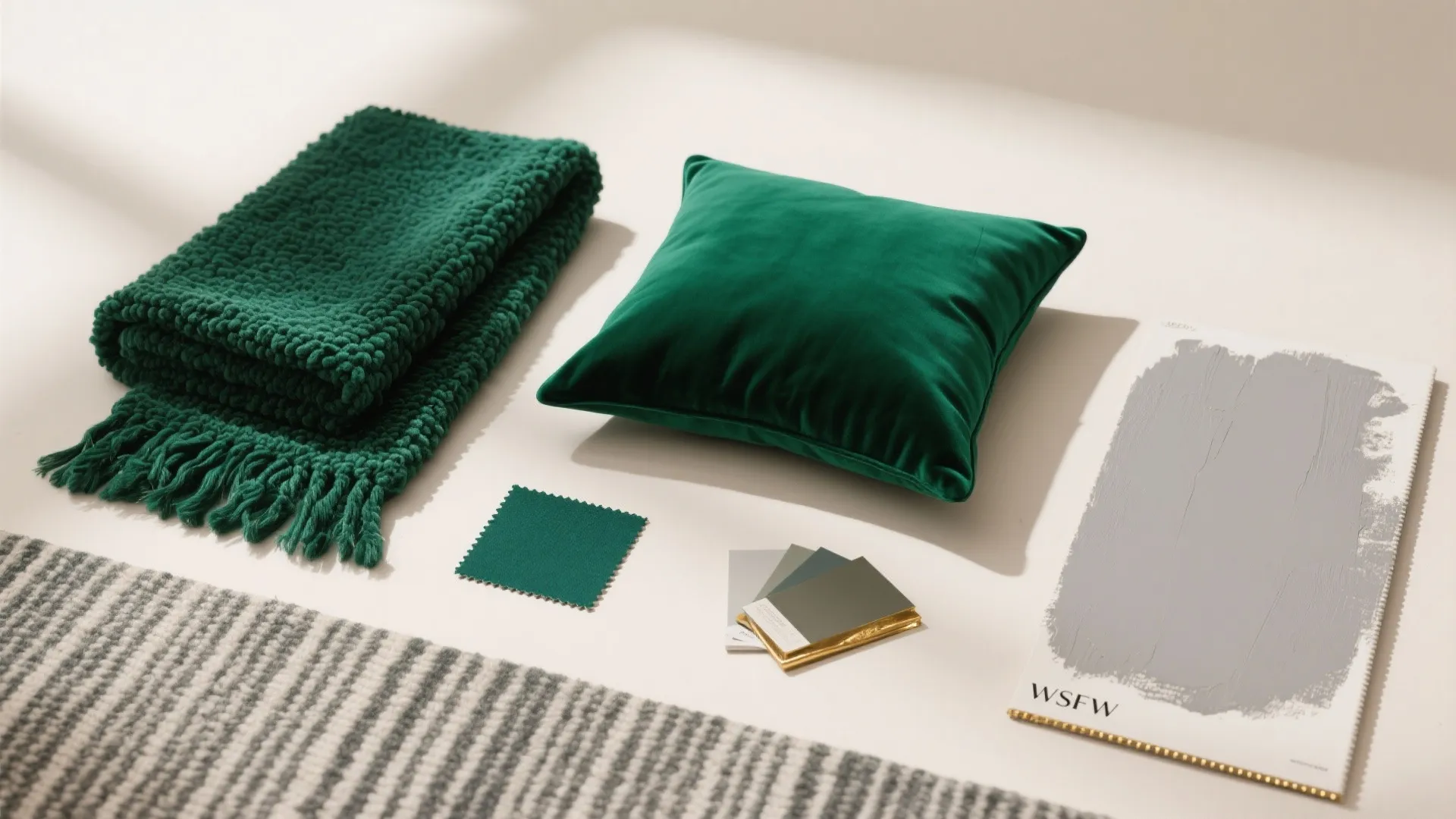 Interior design layout with green blanket, pillow, color swatches, paint sample, and grey striped rug