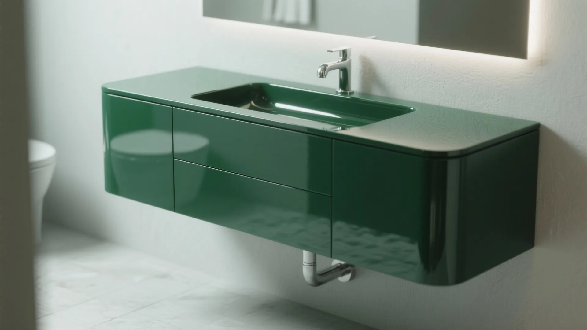3. Glossy Emerald Floating Vanity to Maximize Floor Space