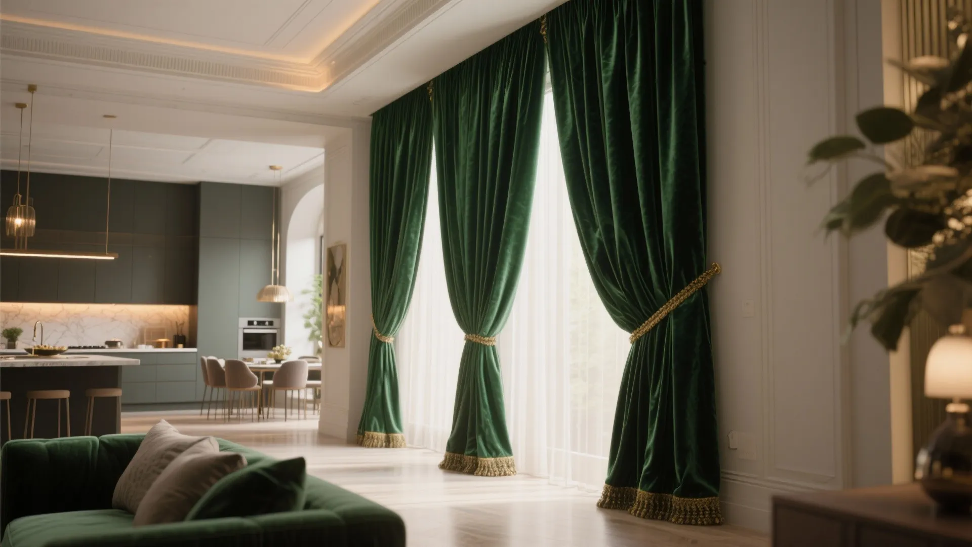 Elegant living room with green velvet curtains, sofa, ceiling light, and open plan kitchen area