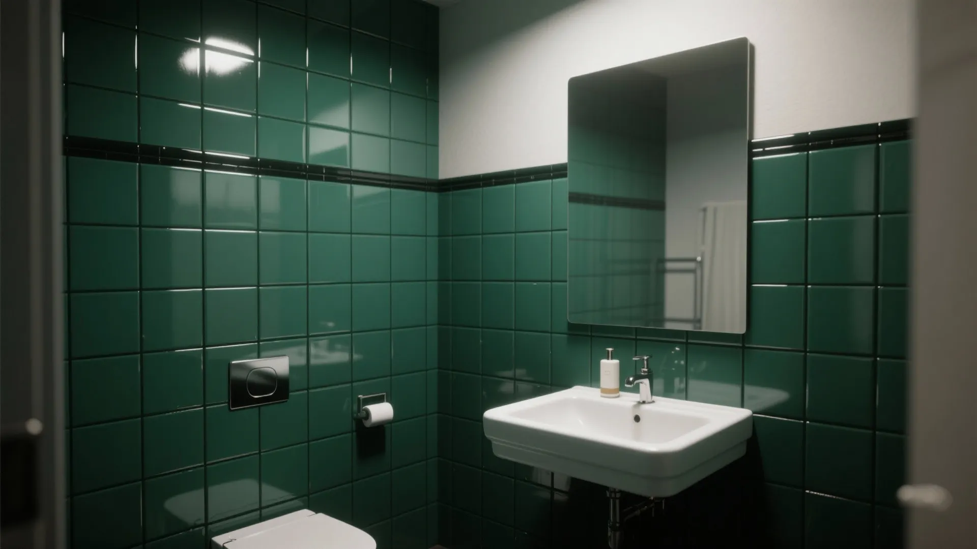 1. Full-wall emerald subway tiles for depth
