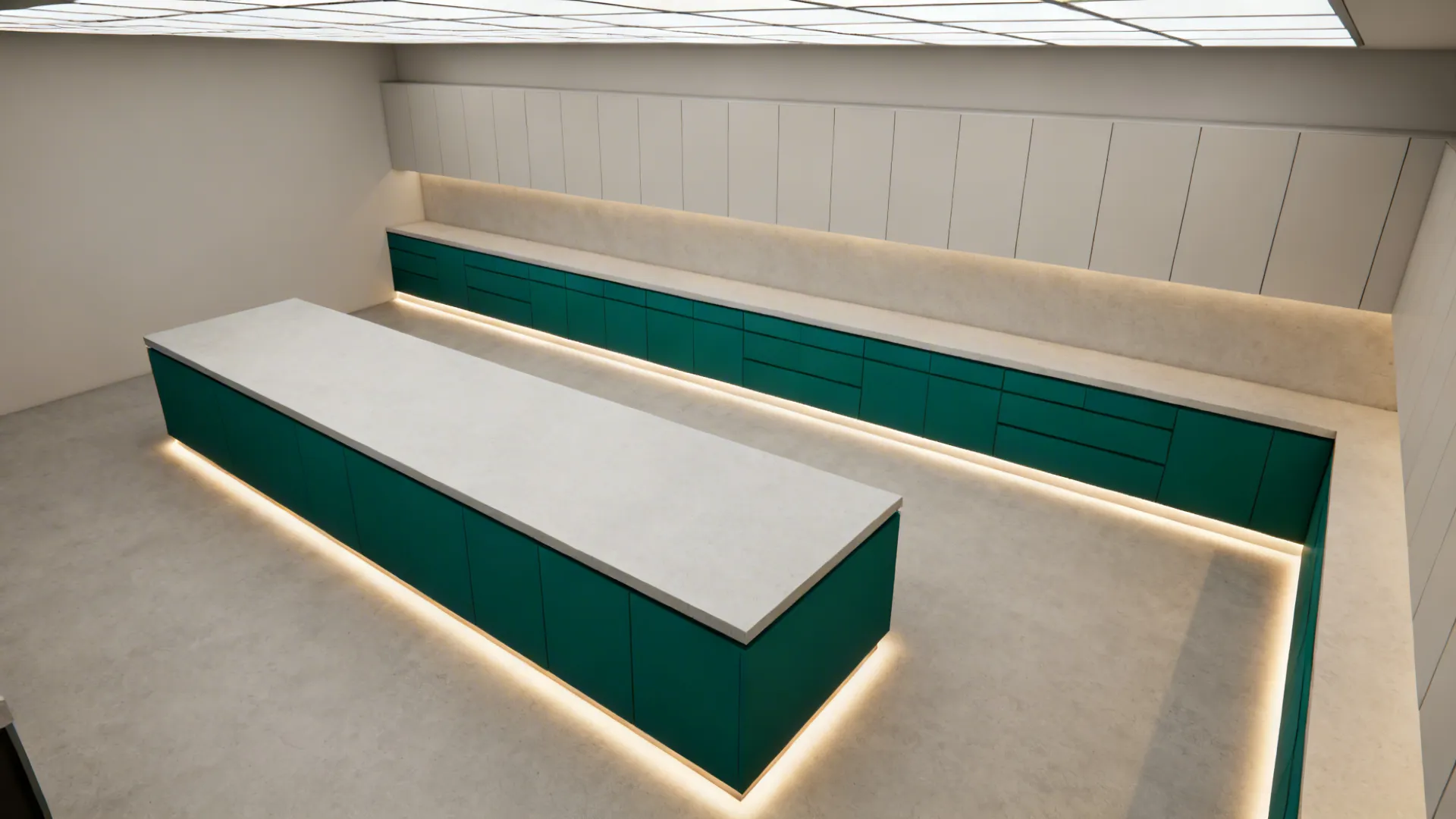 Top-down galley plan showing emerald lowers, light uppers, and layered lighting zones.