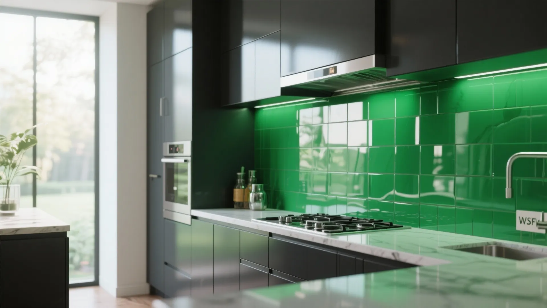 Modern black kitchen cabinets with green glass wall tiles white marble countertop and gas stove