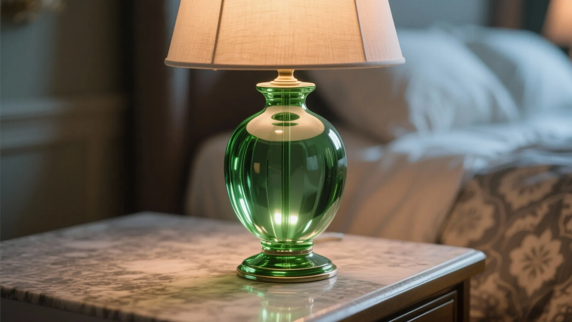 Green glass table light fixture with white shade on marble nightstand in a bedroom interior