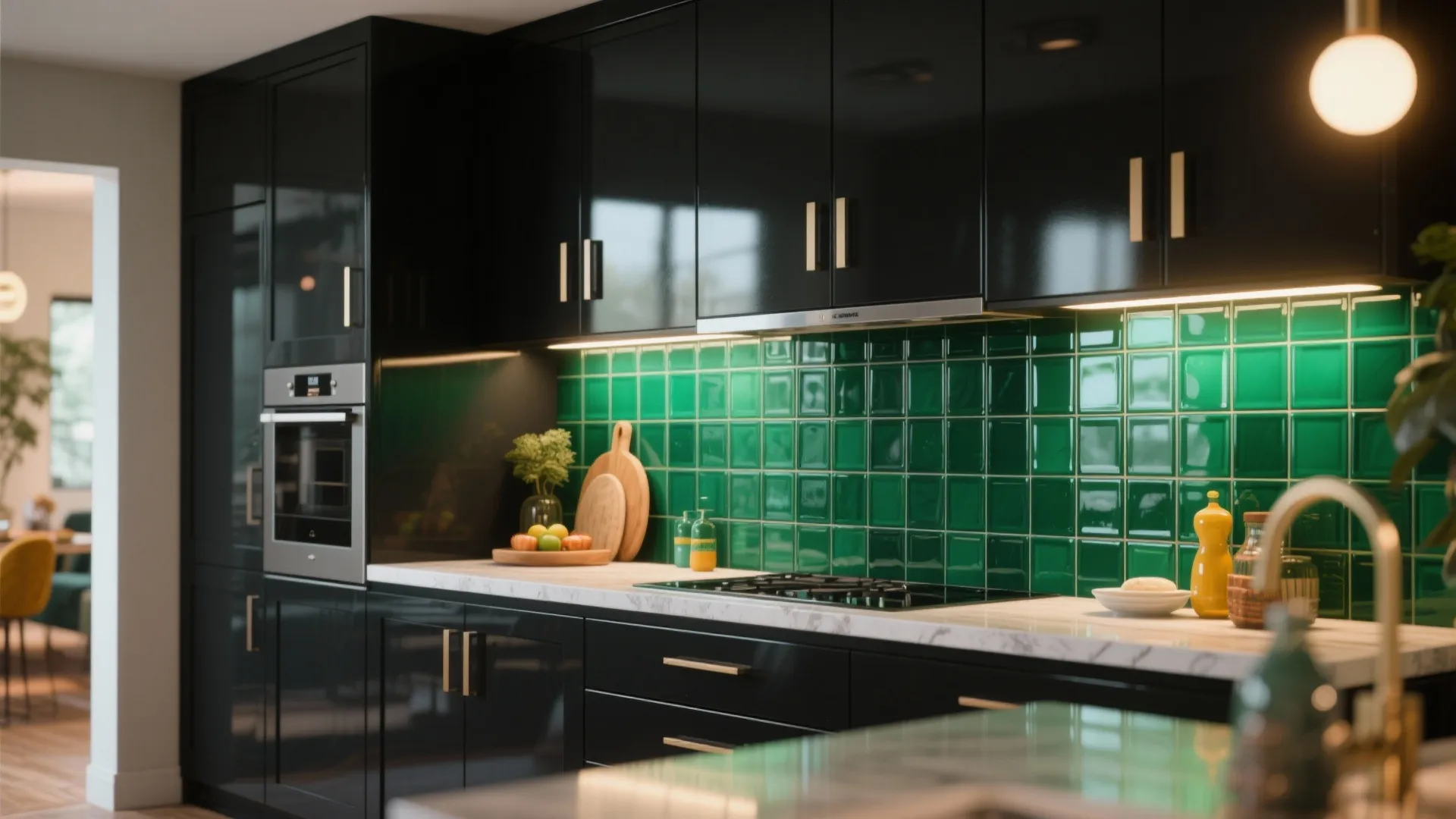 4. Black Cabinets + Colored Glass or Bold Tile for a Statement