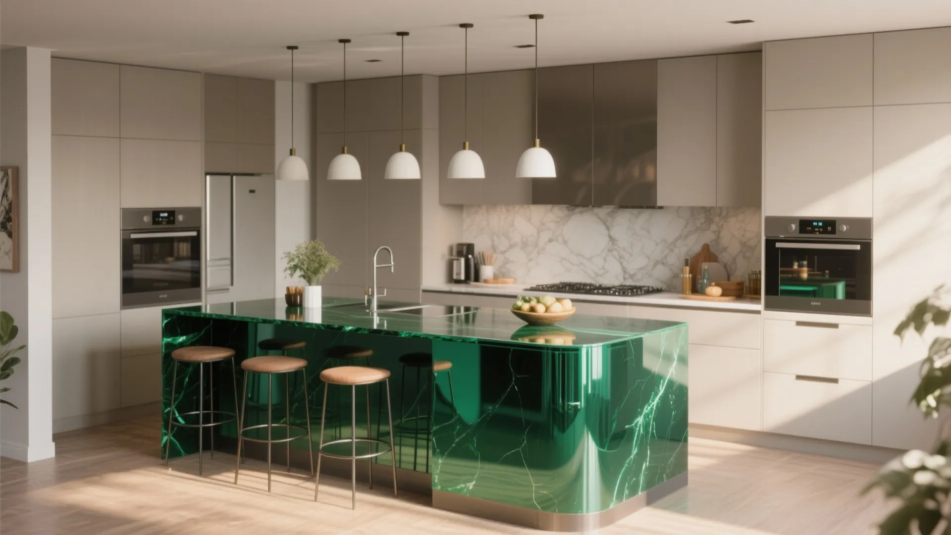Modern kitchen with green marble island three stools five white ceiling lights and light wood floor