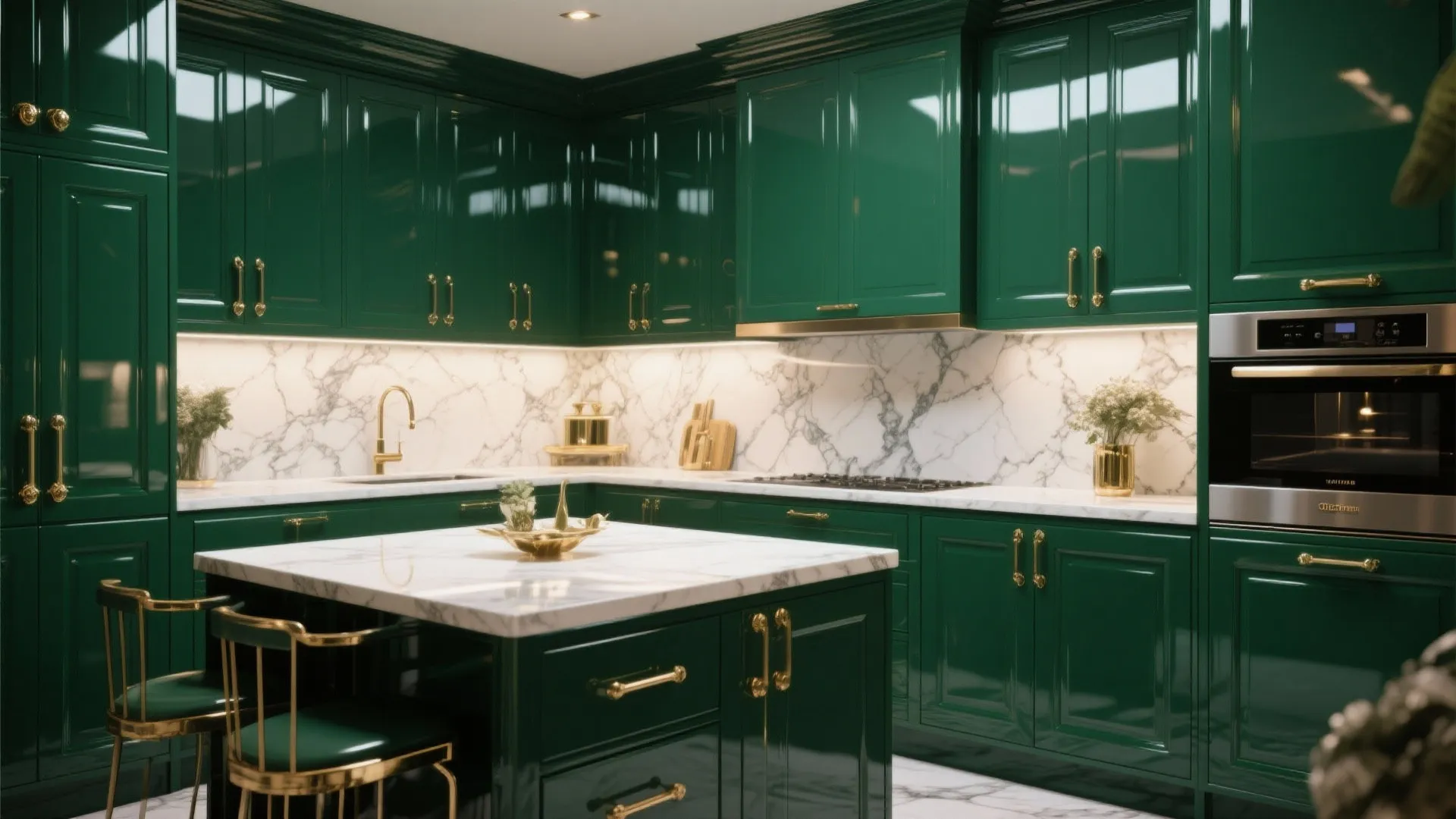 Modern green kitchen featuring gold handles white marble island matching backsplash and a large oven