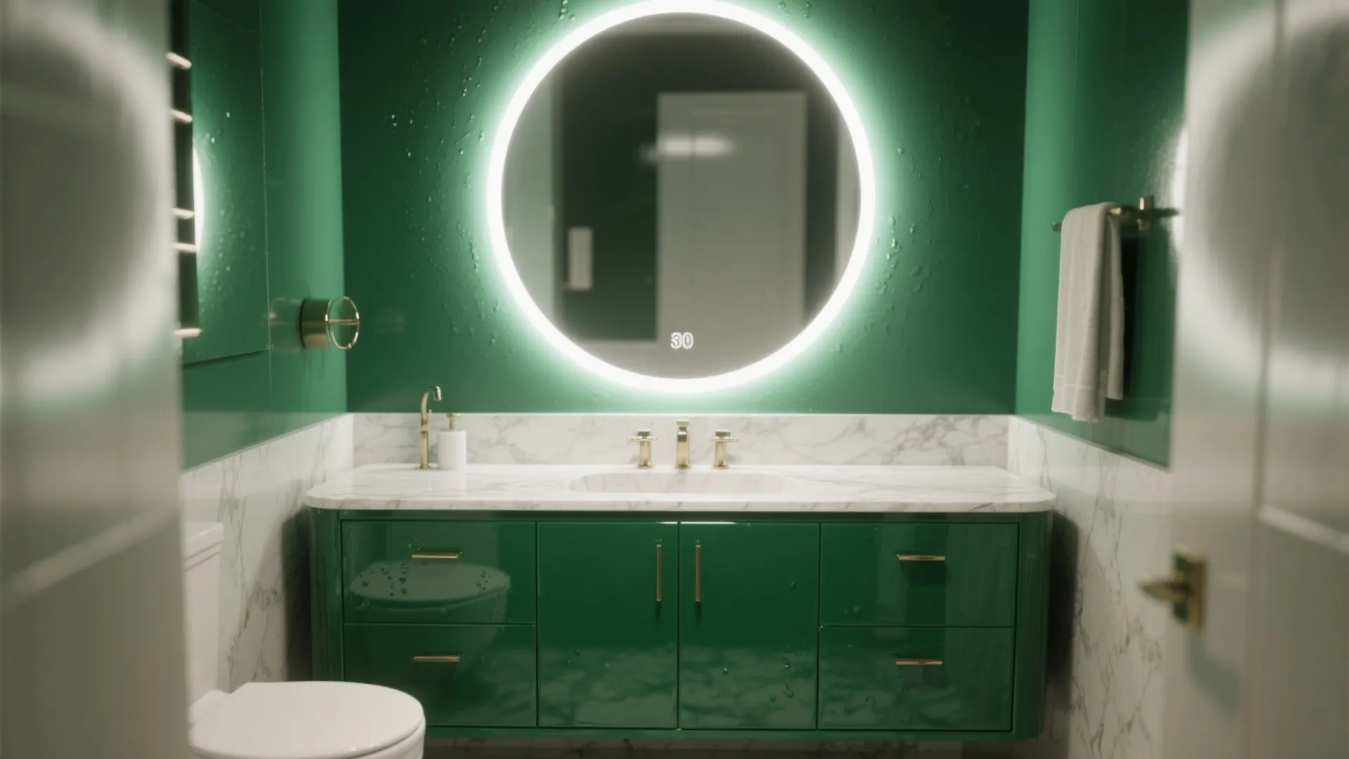 Small bathroom with a glossy emerald 30-inch vanity and oversized round mirror reflecting light.