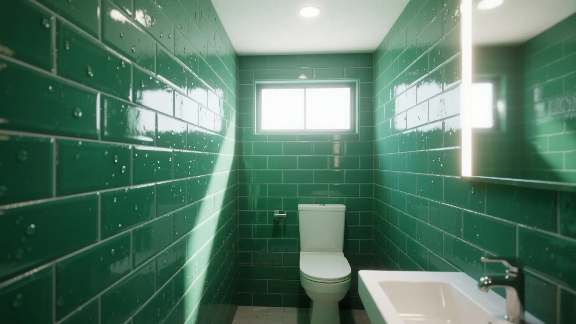 Compact bathroom with glossy emerald subway tiles in running bond reflecting light