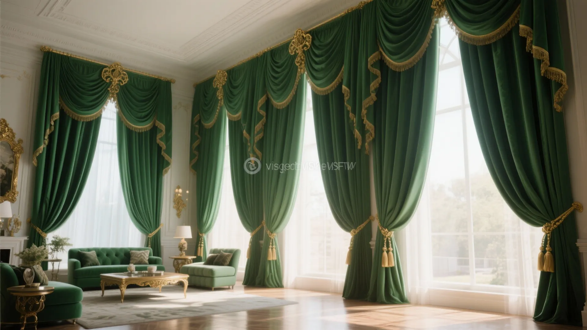 Large windows with heavy green curtains featuring gold fringe and tassels in a luxury room