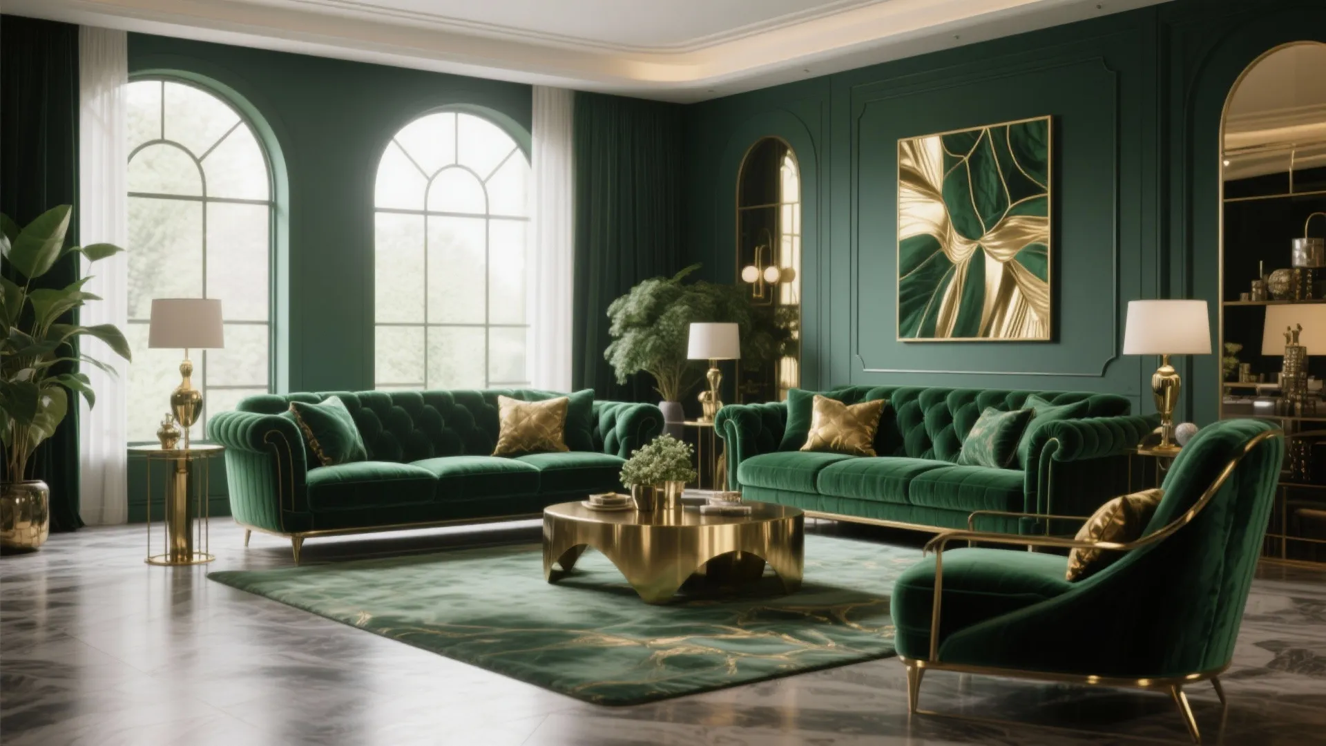Luxury living room with green velvet sofas gold coffee table and large arched windows layout
