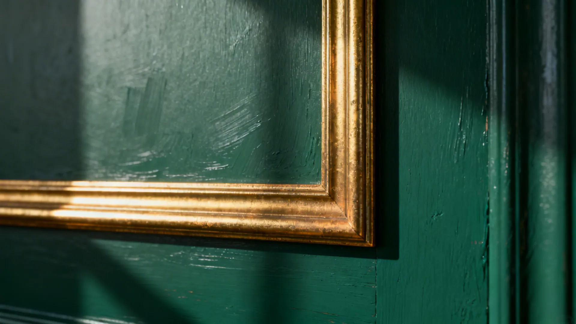 Close-up of an emerald wall with slim gold picture-frame molding showing paint texture and warm metallic sheen.