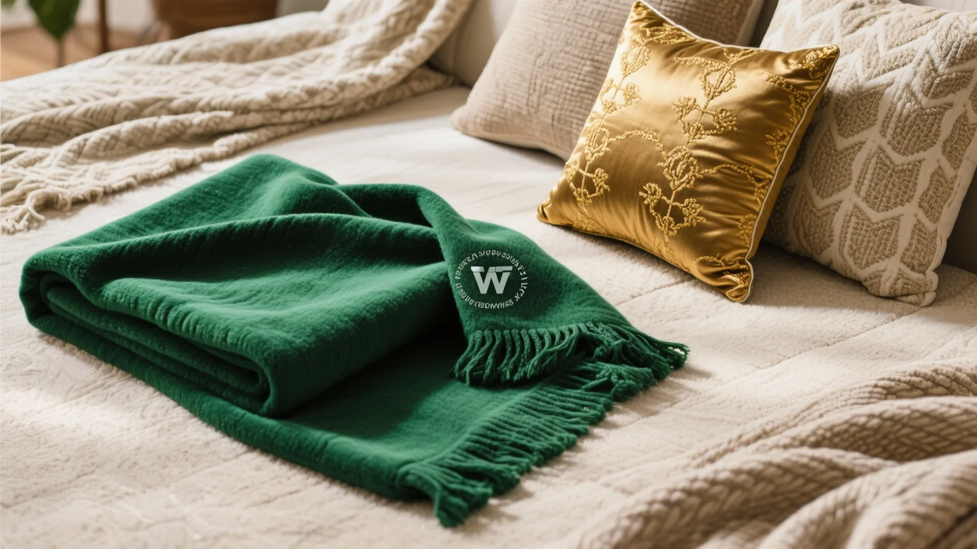 5. Layered Textiles in Green and Gold