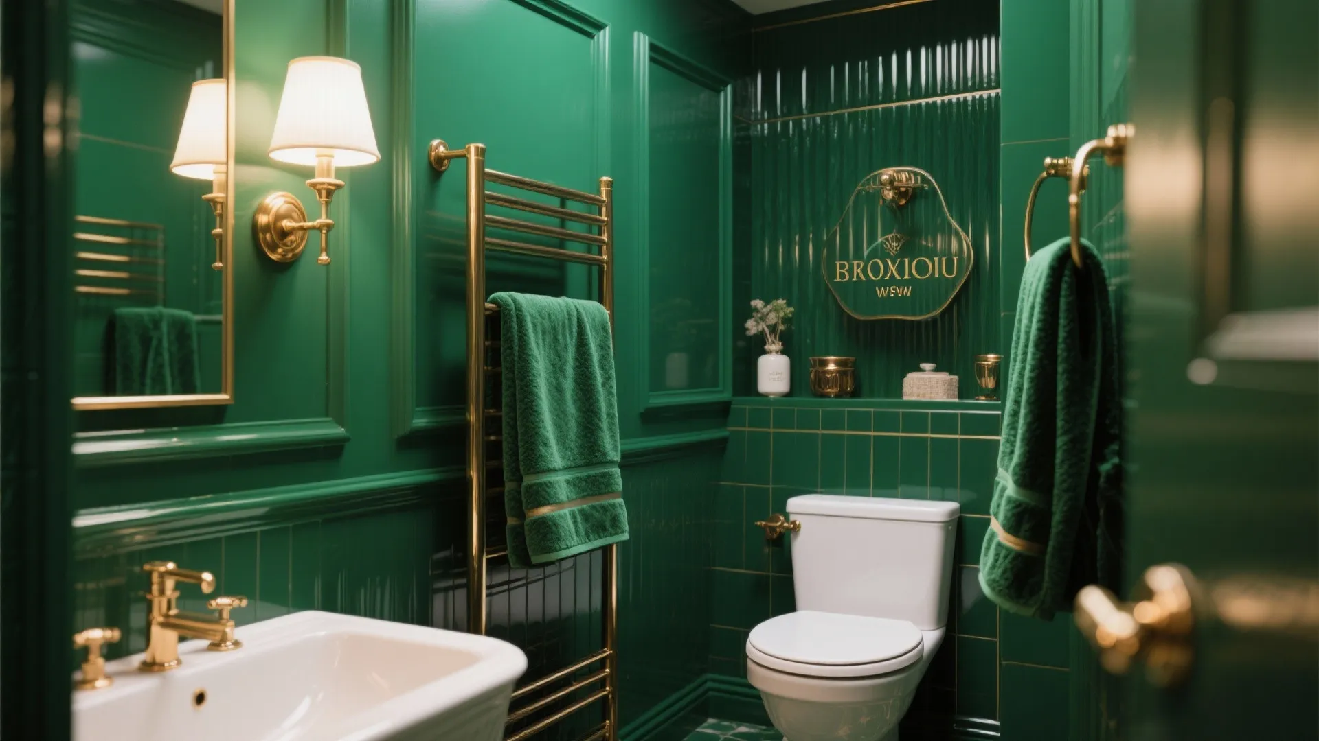 Elegant bathroom design with emerald green wall panels gold towel rack white toilet and wall light