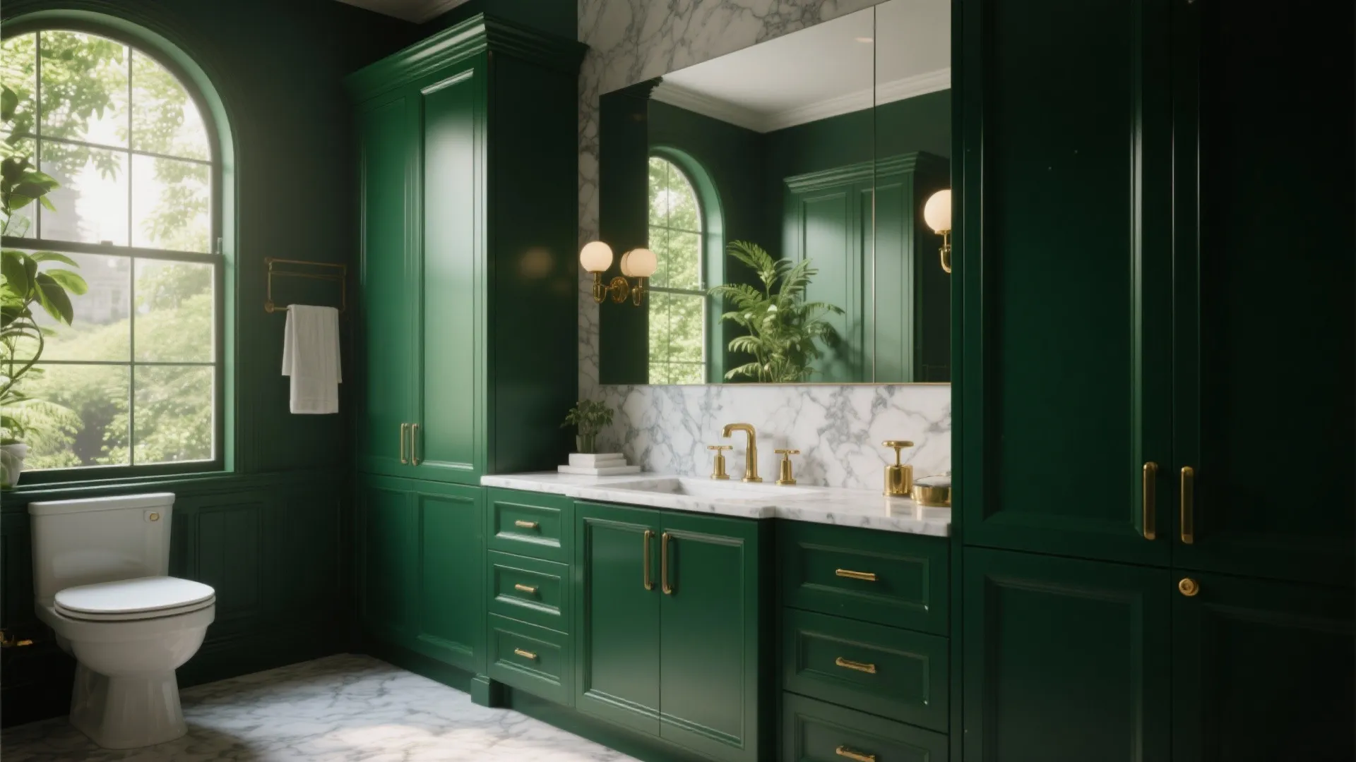 Deep emerald green bathroom cabinets with brass hardware