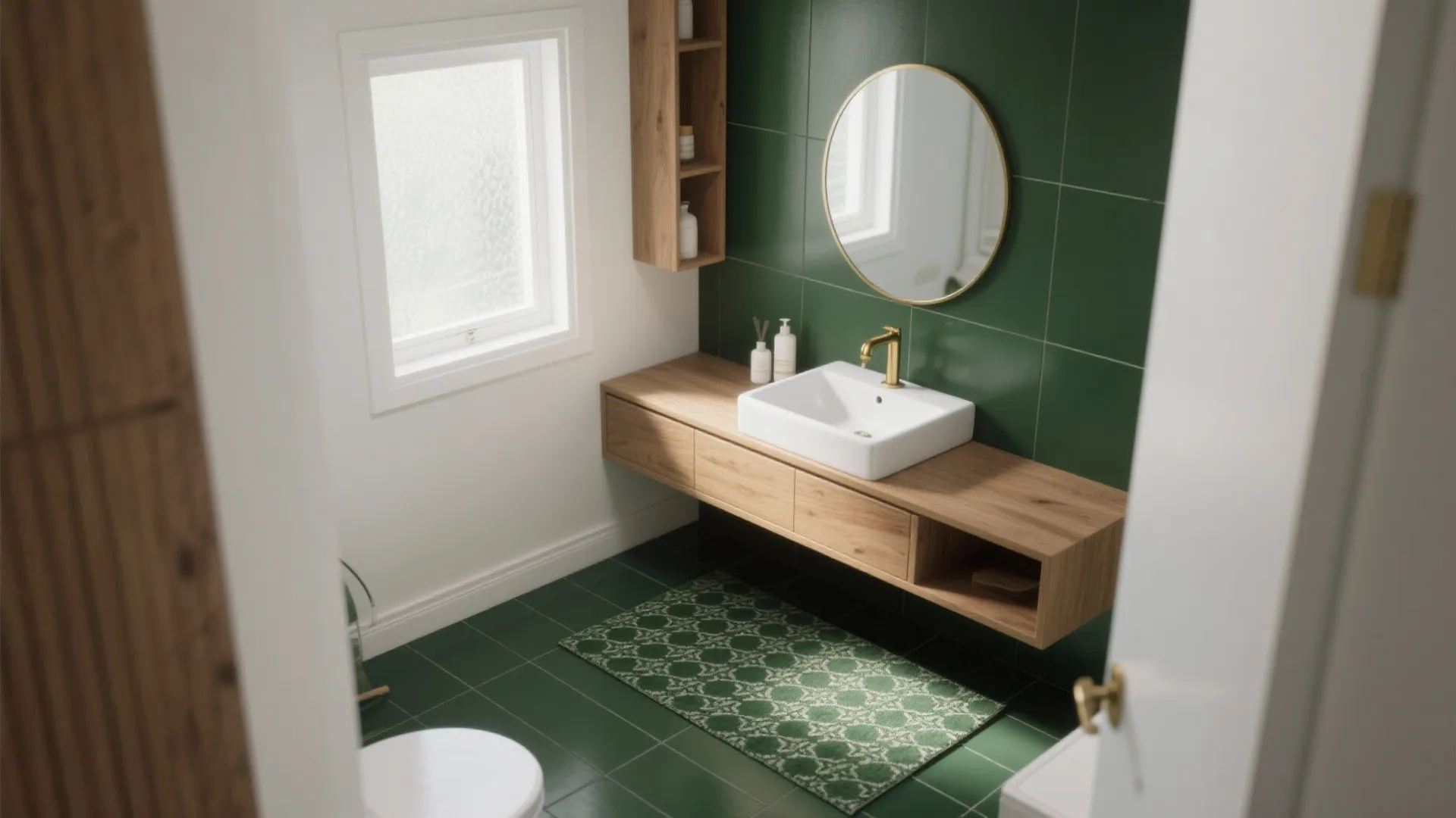 Modern bathroom featuring dark green tiles, wooden cabinet, white sink, gold faucet, and round mirror