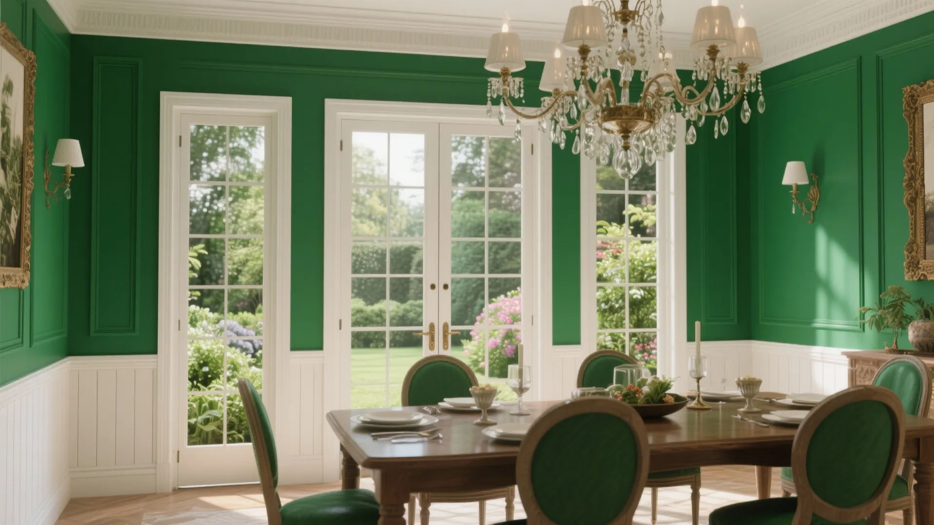 Dining area with green walls white wall panels wooden table green chairs and ceiling light