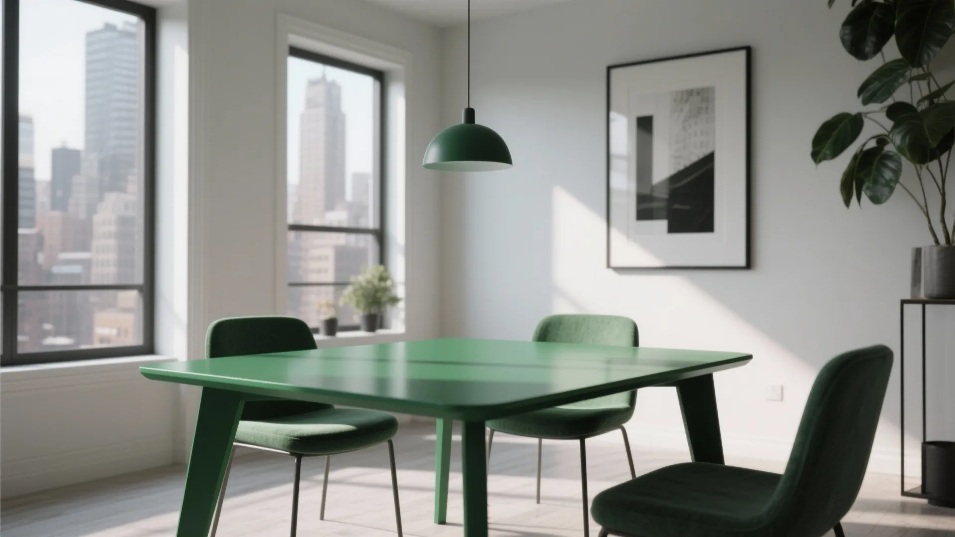 Emerald green monochrome dining table in a minimalist city apartment