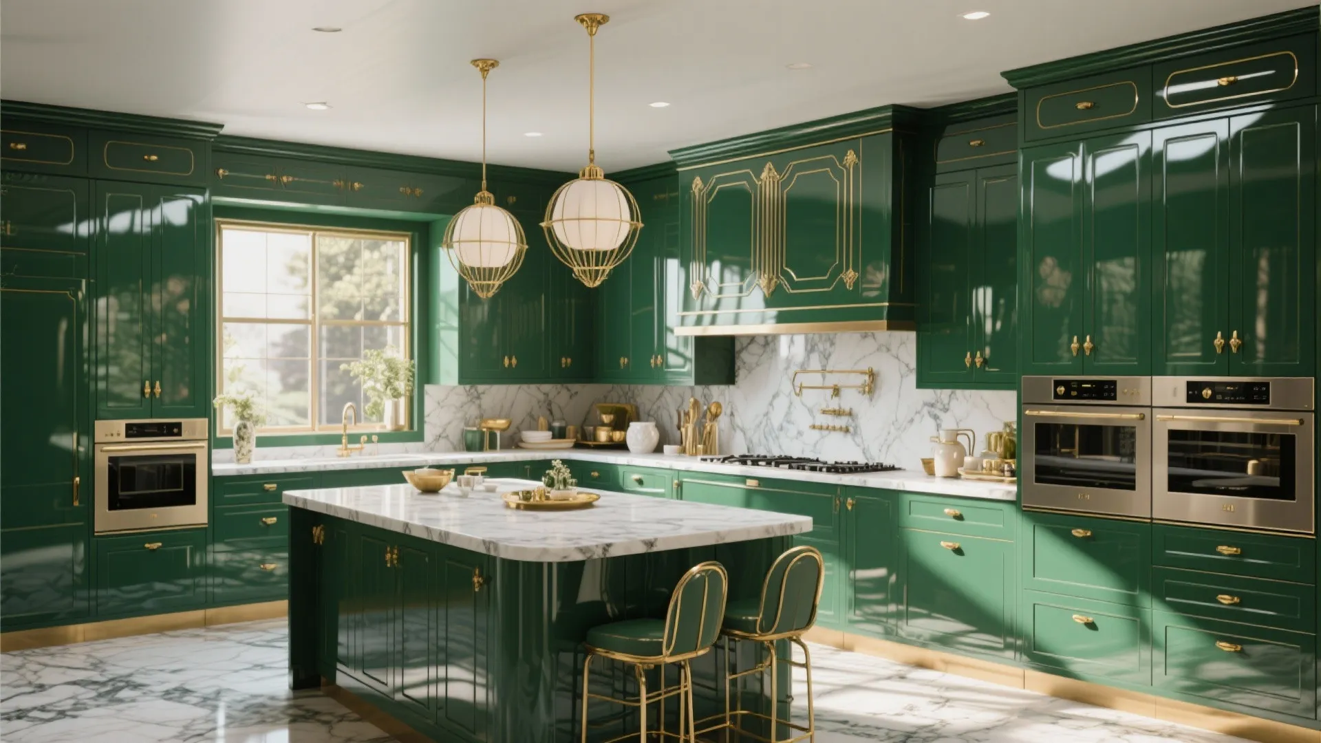 Luxury emerald green kitchen with marble island gold handles and two round hanging ceiling lights