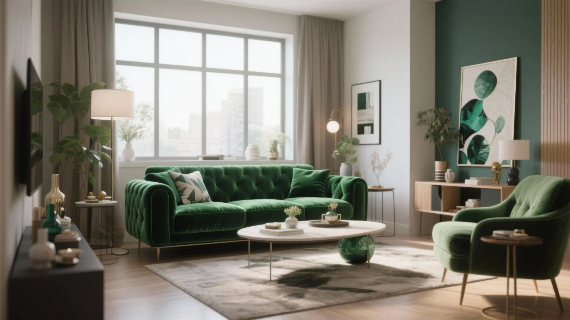 Modern living room with green sofa wooden floor large windows and plant wall art decor design