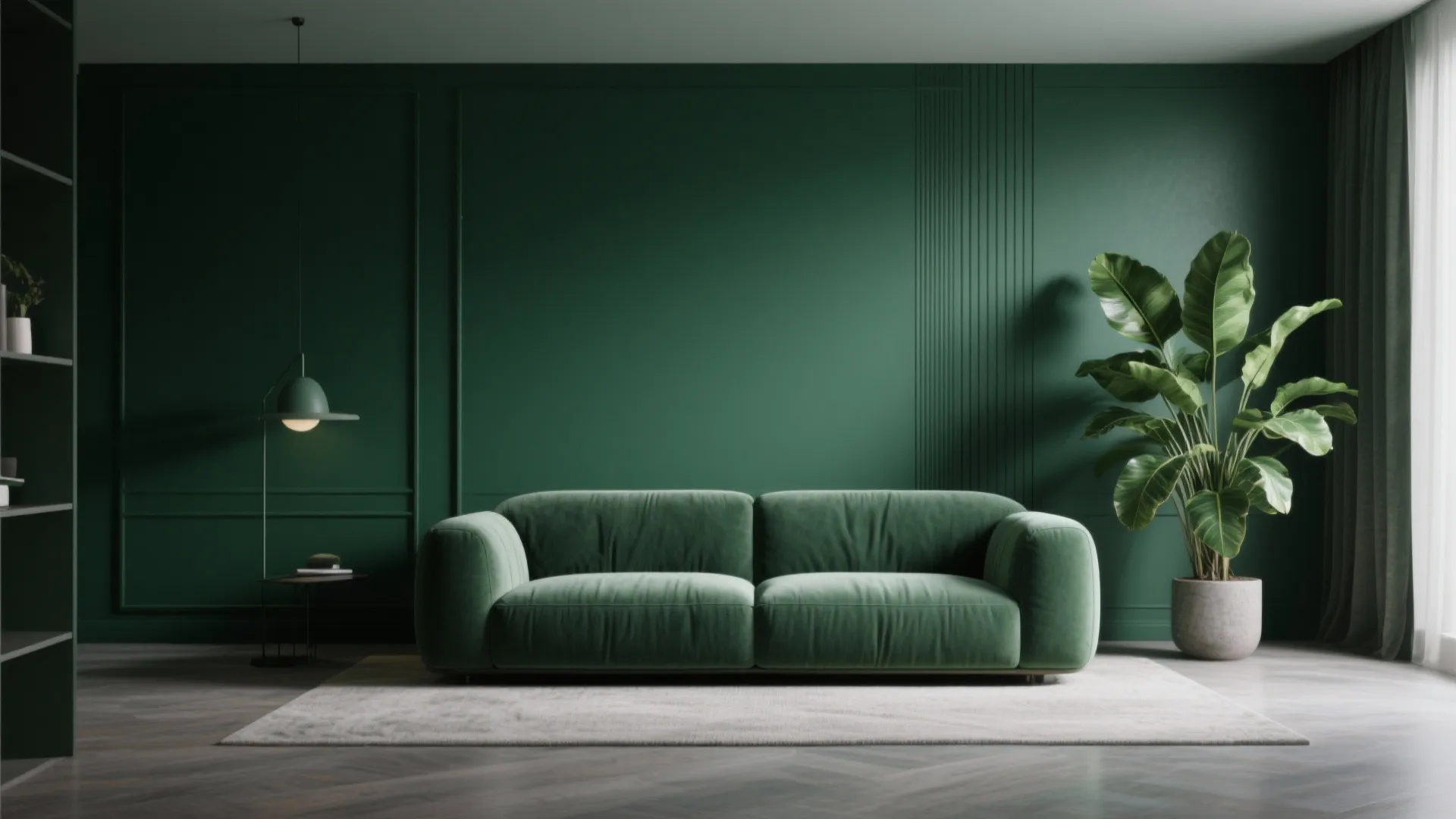 Modern dark green living room with velvet sofa matching wall panel and a large plant
