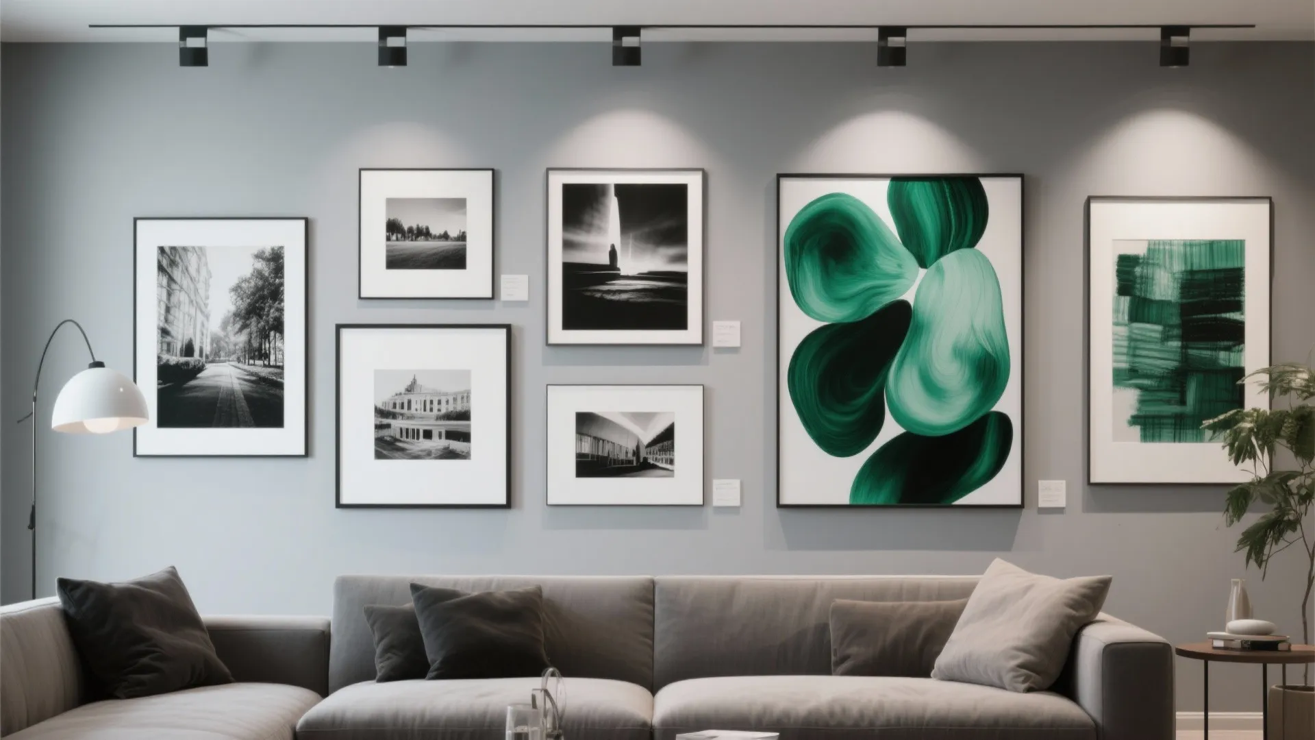 10. Art Gallery Wall Featuring Emerald and Grey Tones