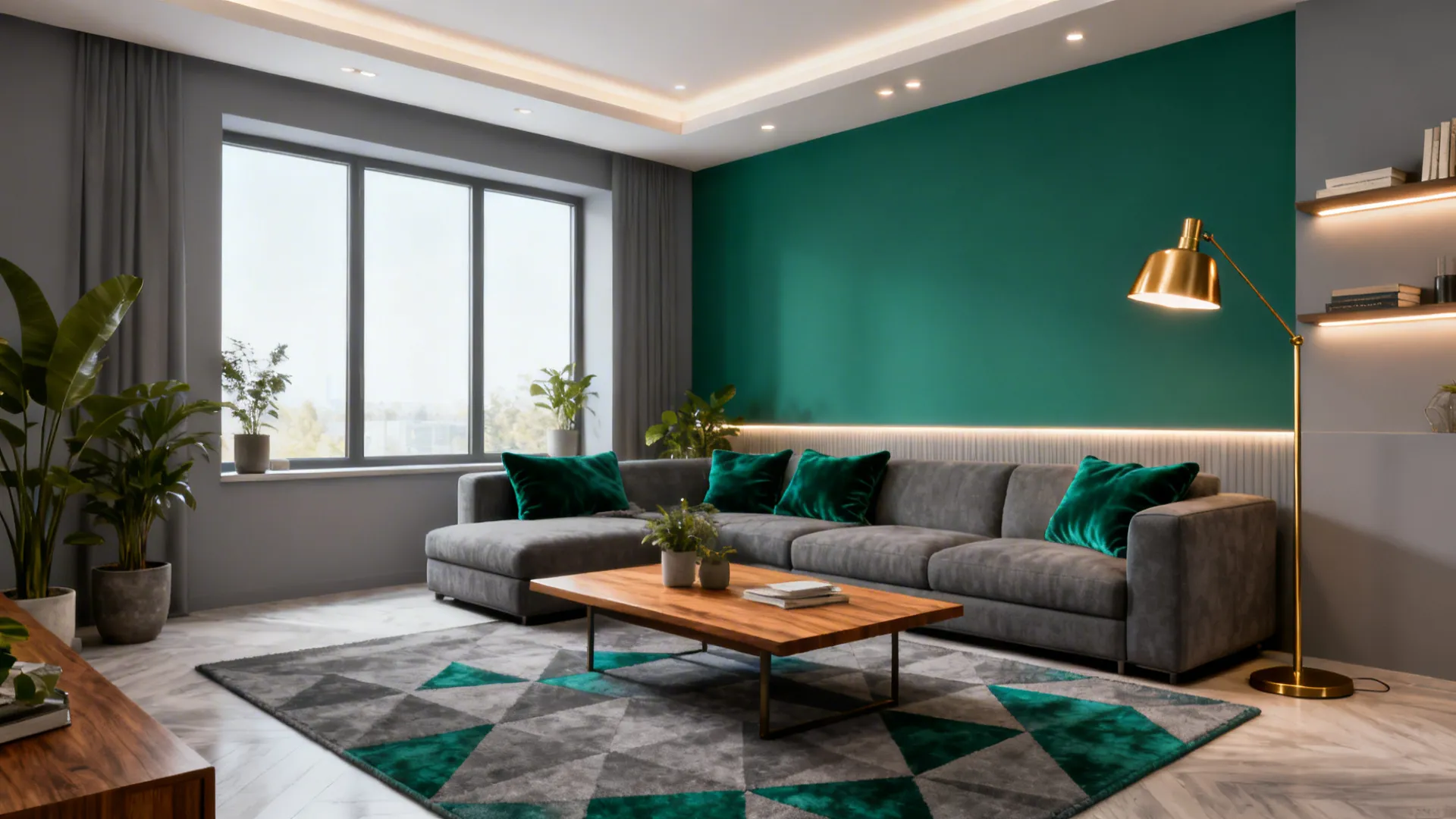 Emerald Green + Grey Living Room Ideas