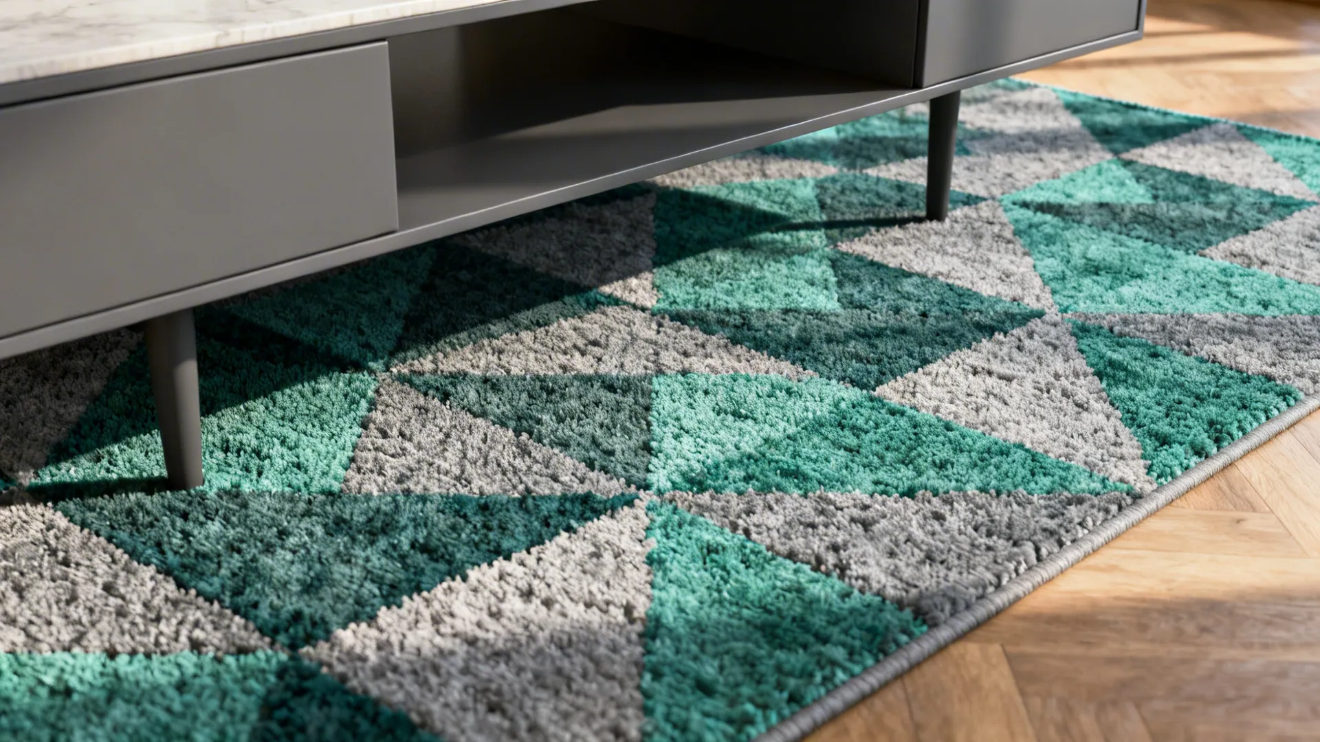 Geometric rug mixing emerald and grey tones grounding a living area, showing pile and texture