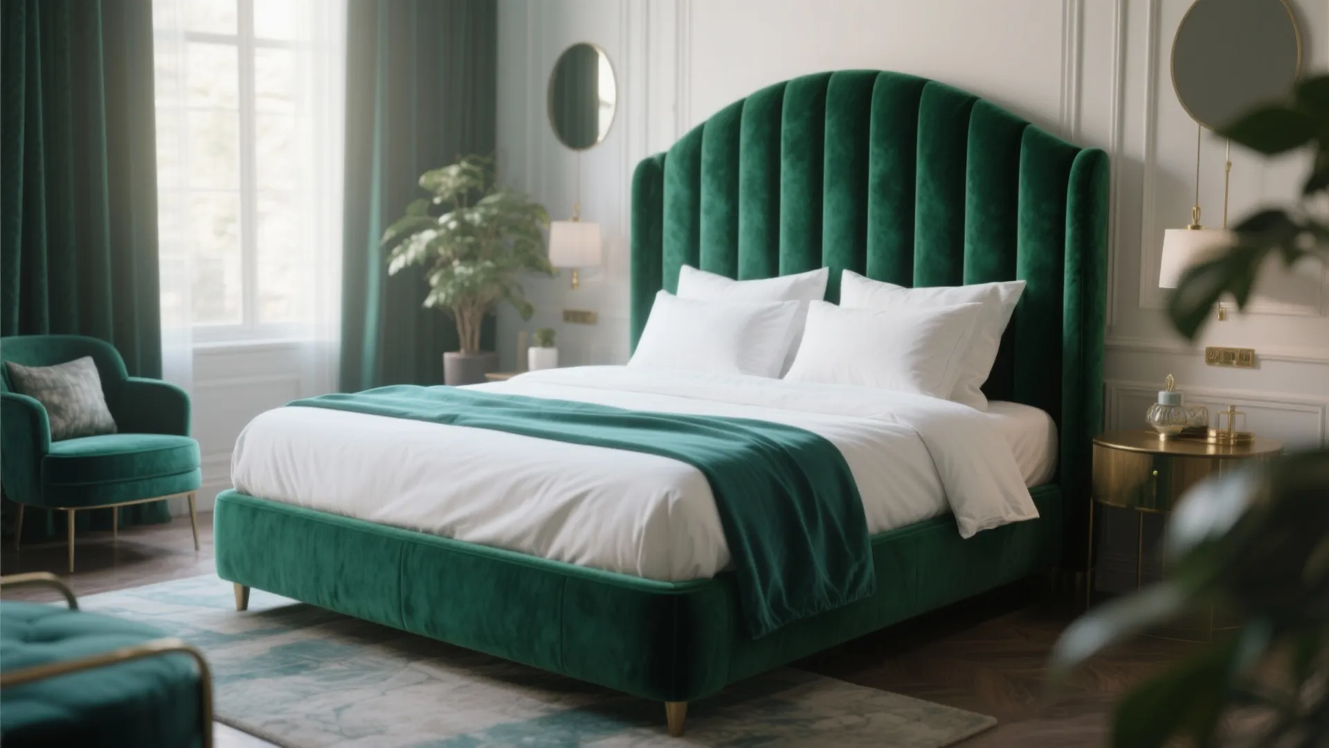Modern bedroom with green velvet bed and white bedding and green chair and wall lights