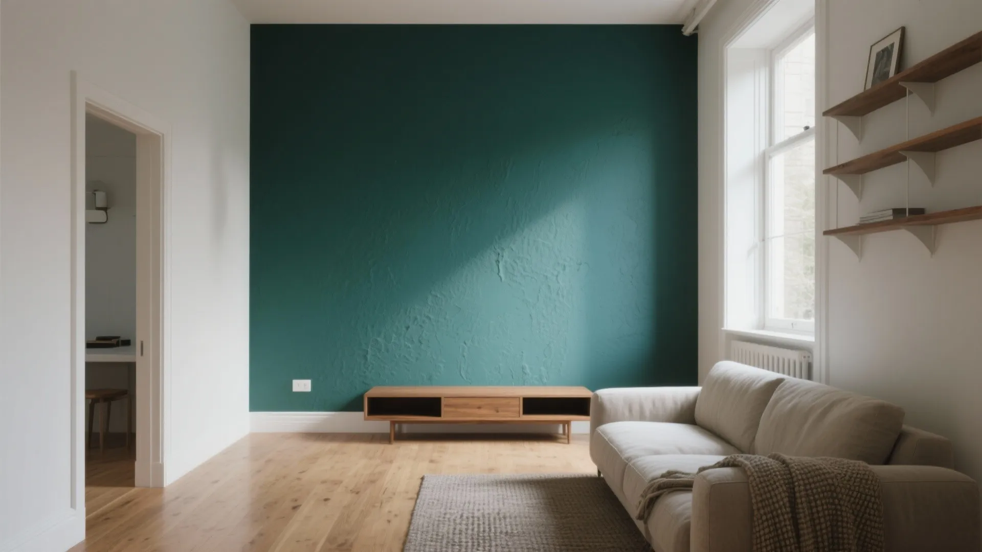 Modern living room featuring a dark green wall with wooden cabinet sofa and light flooring