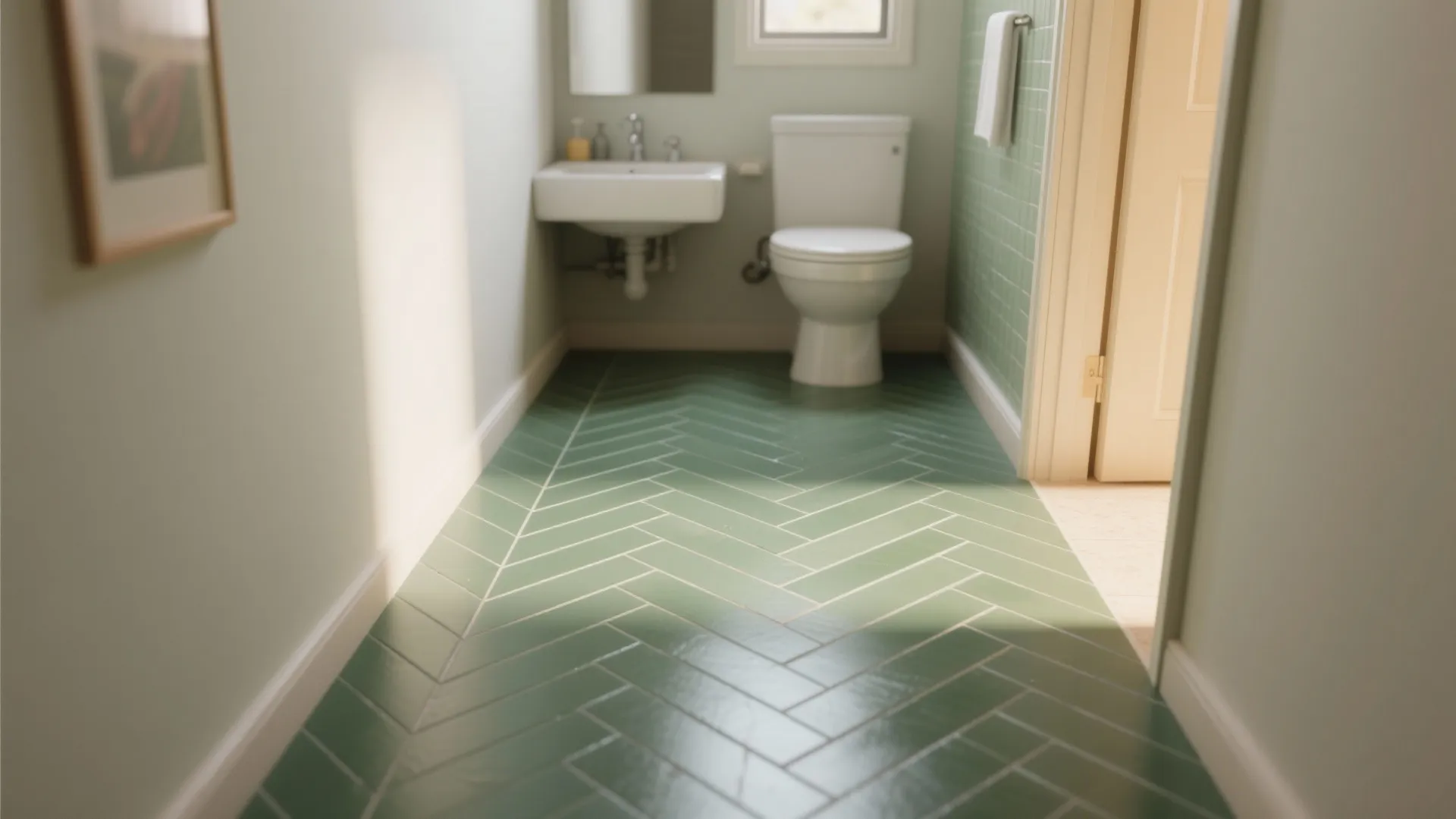 Matte emerald tiles in a herringbone floor pattern with neutral walls.
