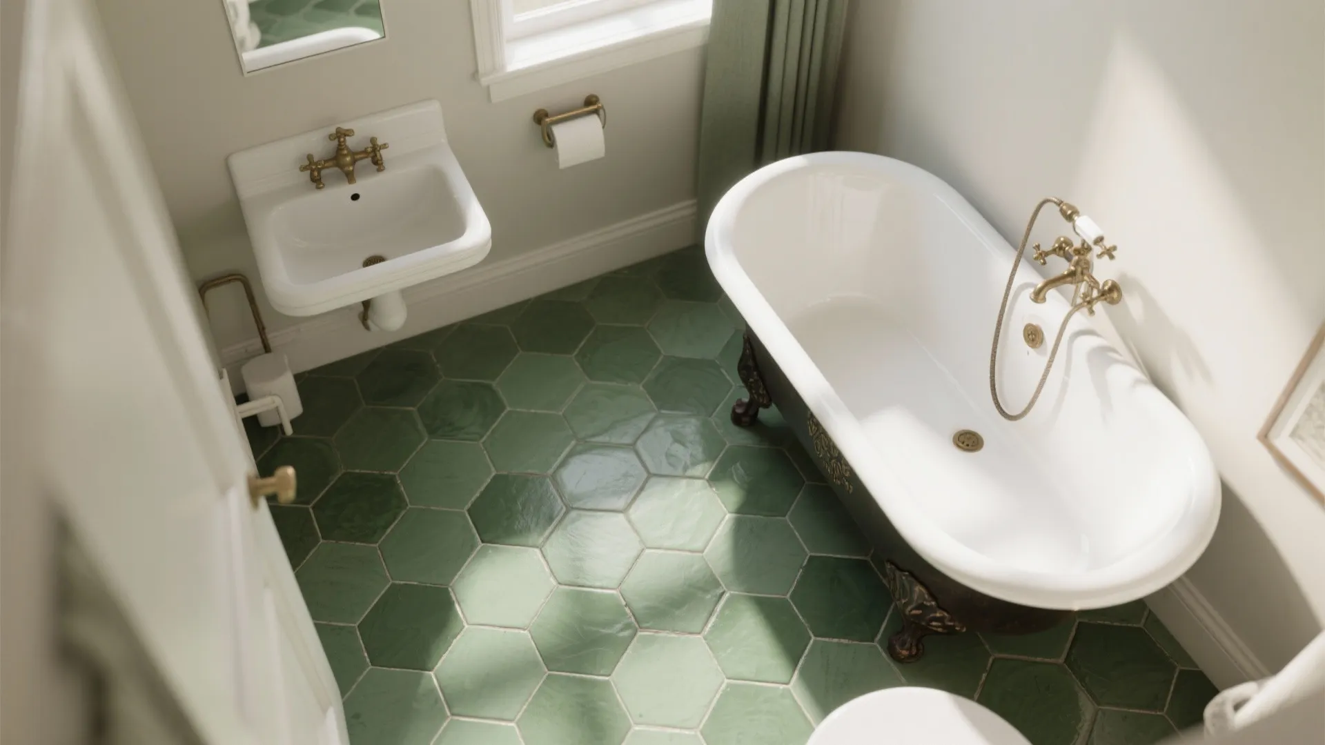 Bathroom with emerald hexagon floor and neutral pale walls next to a matte fixture