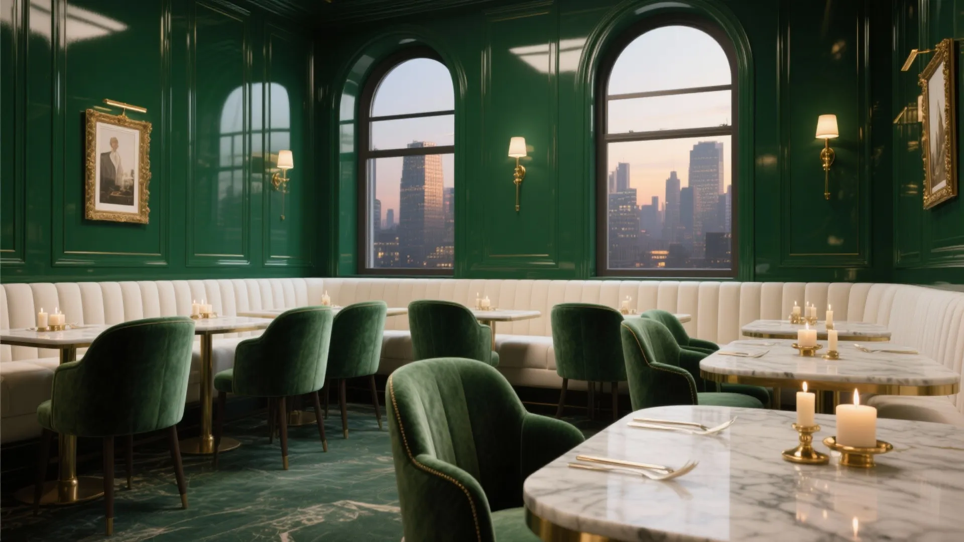 Upscale restaurant dining area with green walls velvet chairs marble tables and large city view windows