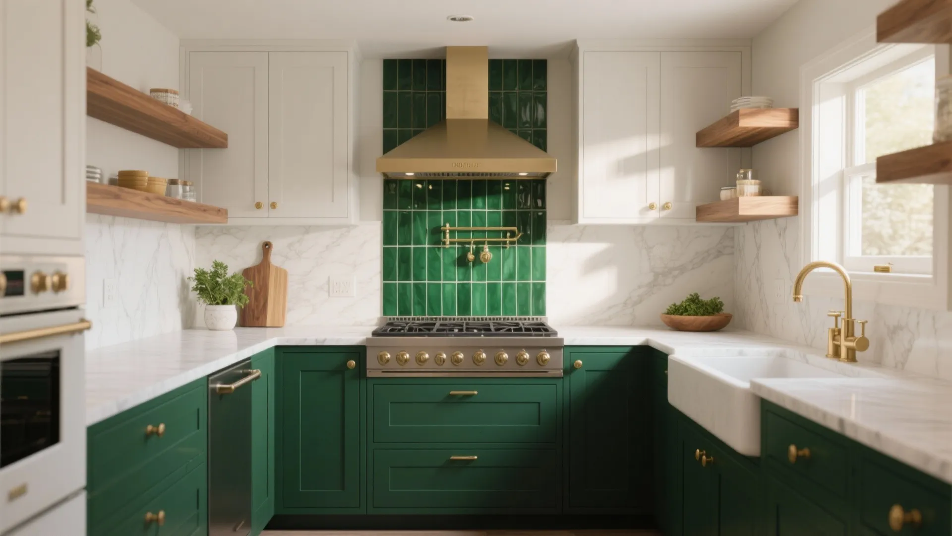 Modern kitchen with emerald green cabinets white marble countertops gold range hood and green backsplash