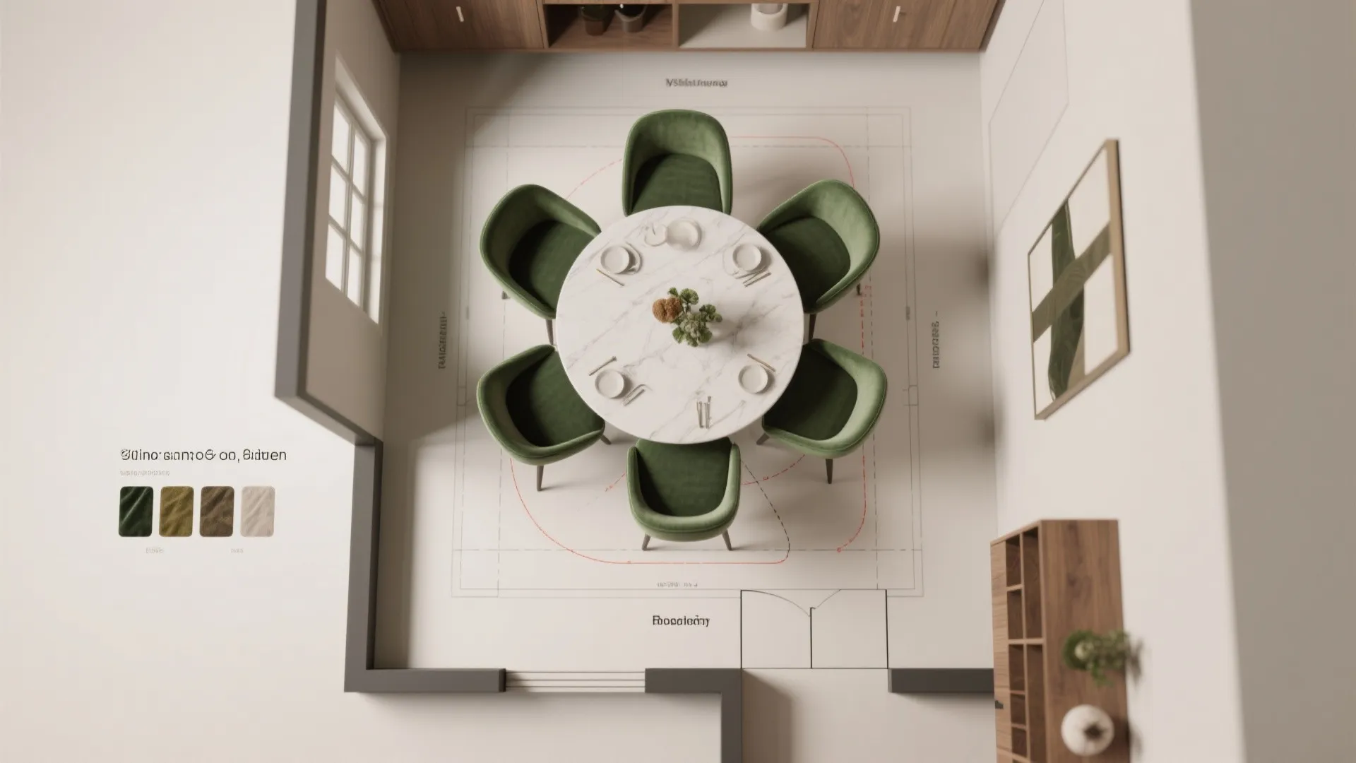 Top-down room planner layout showing emerald chairs, table and circulation for a small dining space.