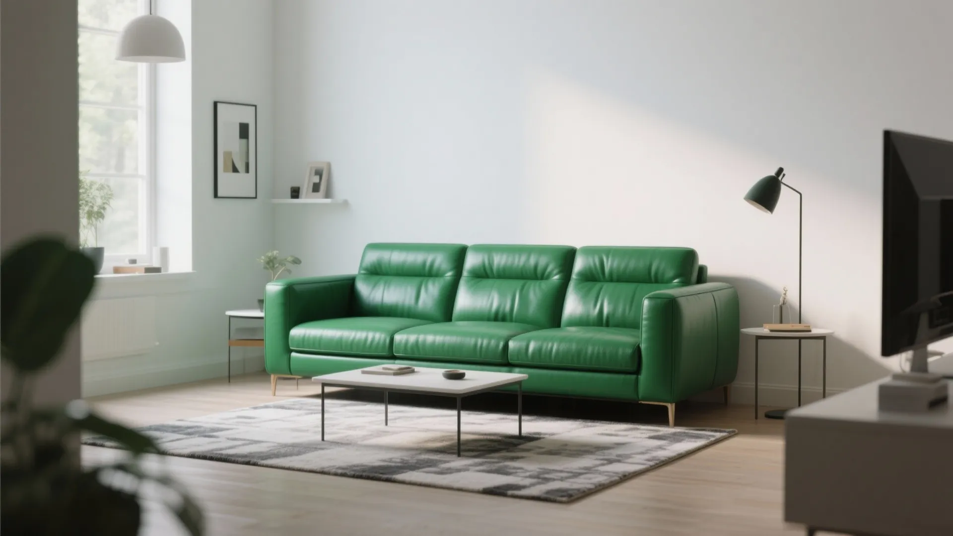 Bright living room showing green leather sofa with white walls wooden floor and small coffee table