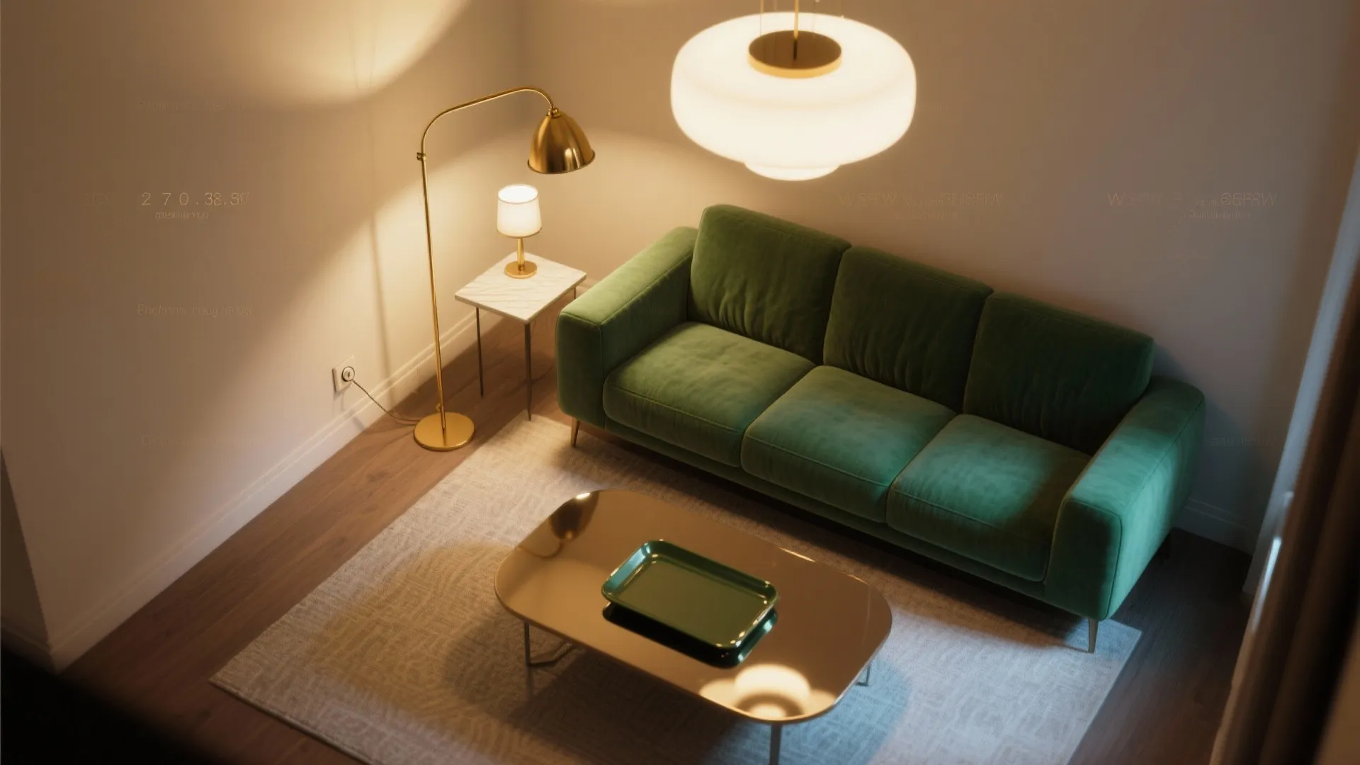 Green sofa in living room with large white ceiling light and gold floor light fixture