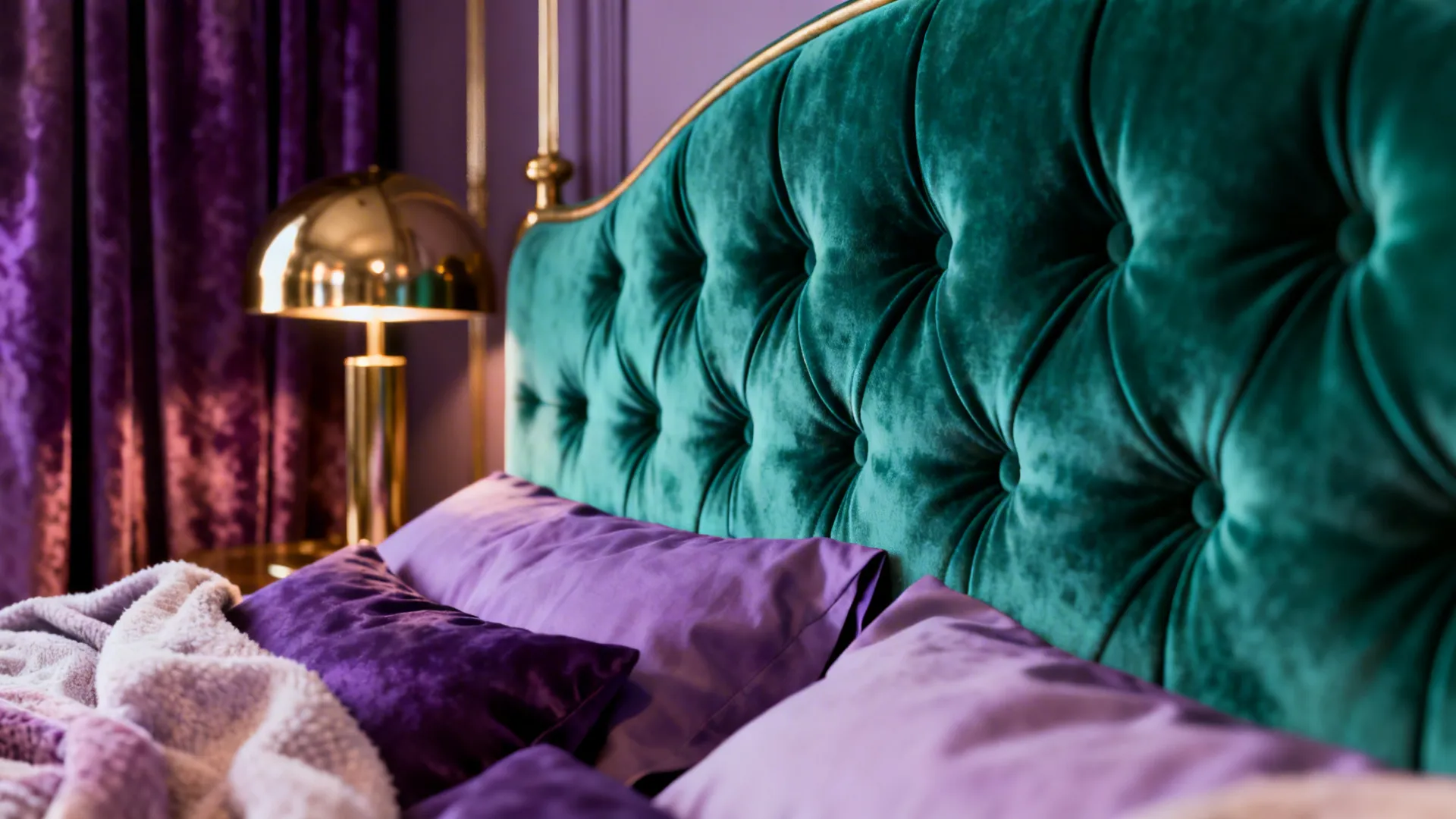 Close-up of emerald velvet headboard with lilac textiles and brass detail